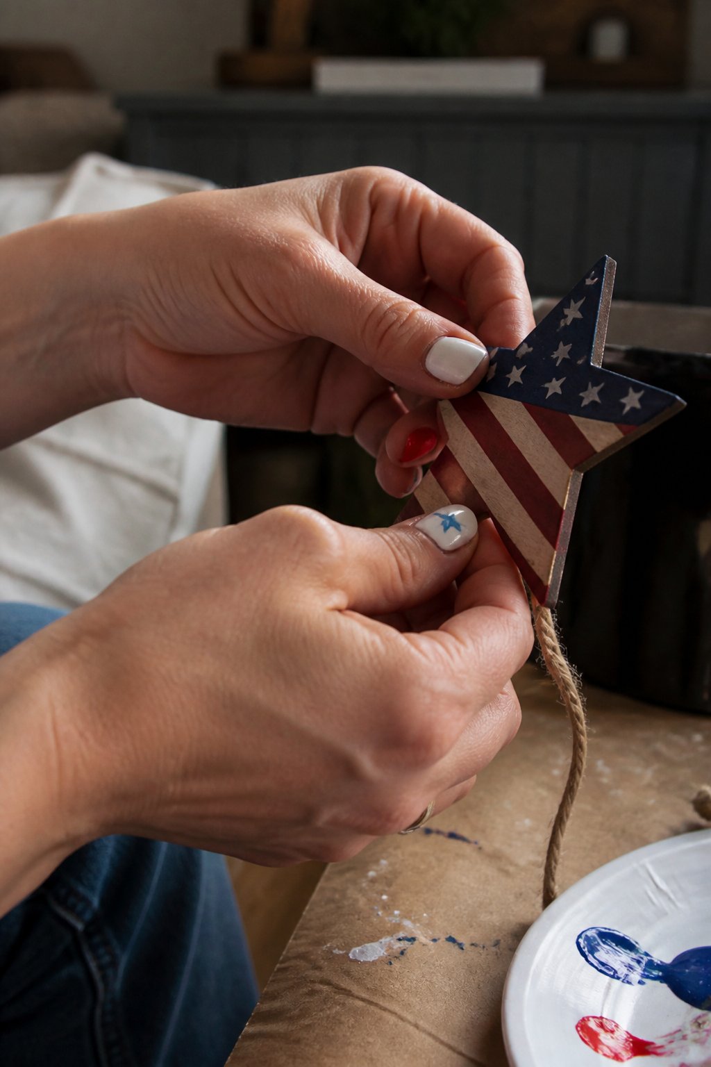 Close-up of hands with simple red, white, and blue 4th of July nails holding a small patriotic decoration in soft natural daylight.