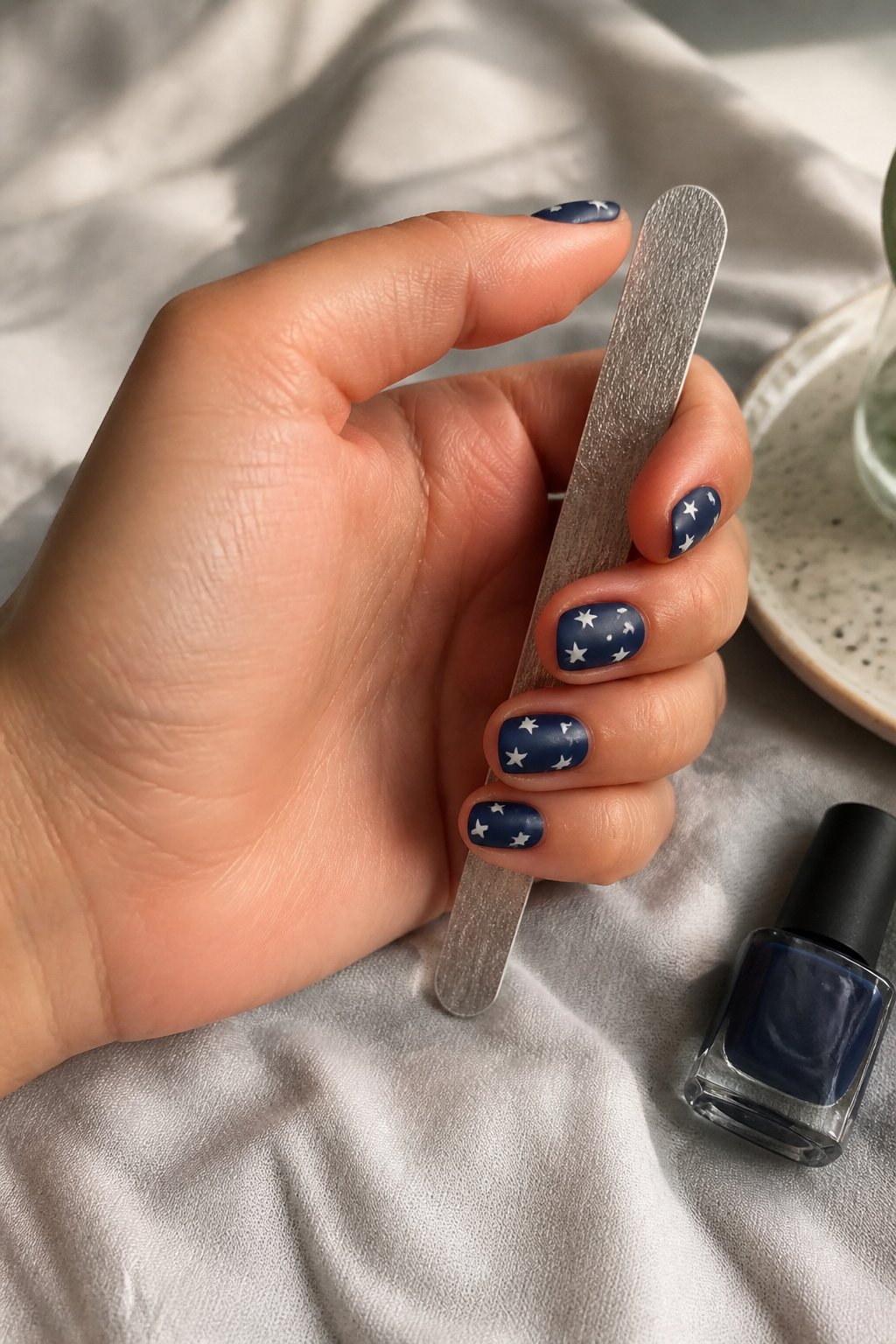 Close-up of hands with matte navy blue nails decorated with tiny white stars, holding a nail file and nail polish bottle on a softly lit surface.