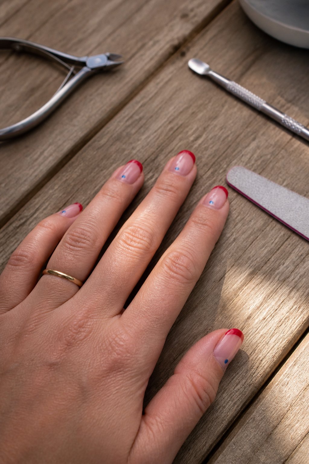 A hand with cherry red French manicure nails featuring small blue dot accents resting on a wooden surface with manicure tools nearby.