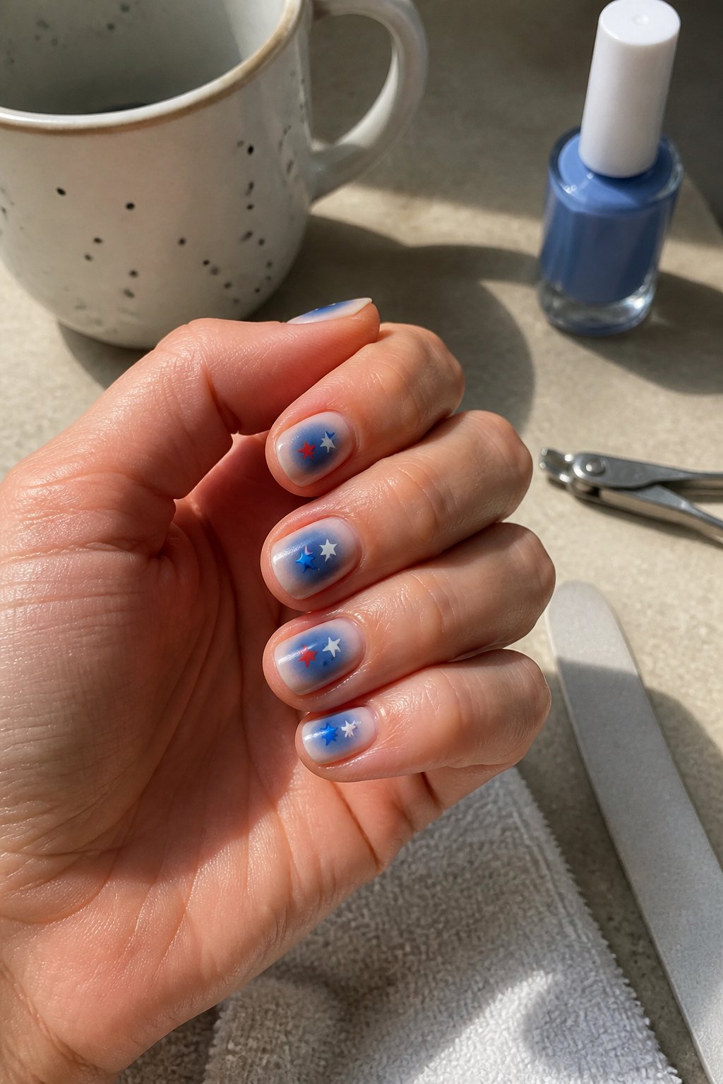 Close-up of hands with simple blue nails decorated with small star accents, surrounded by manicure tools on a softly lit surface.