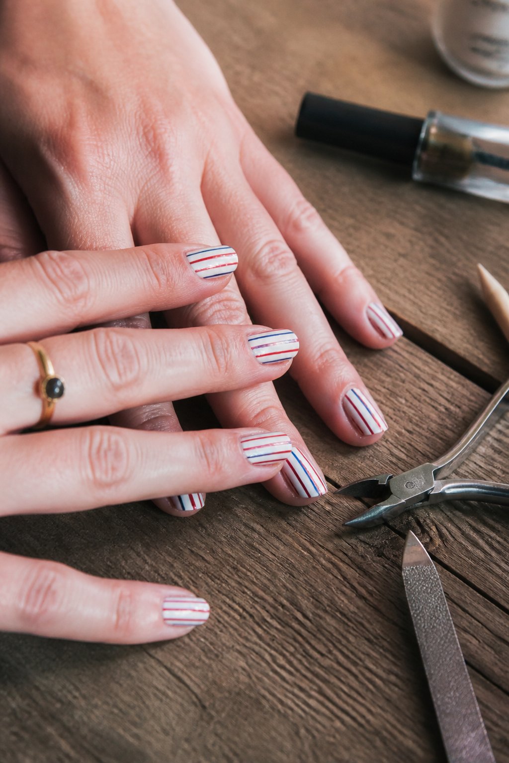 Close-up of hands with simple red, white, and blue pinstripe nails, resting on a casual surface with manicure tools nearby.