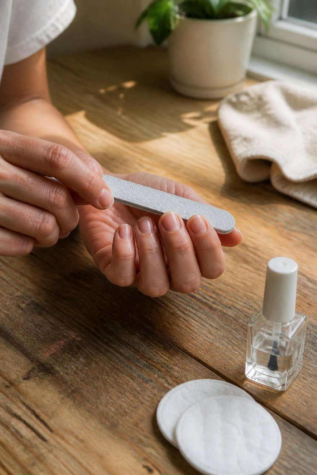 Close-up of hands preparing nails with manicure tools on a wooden table in soft daylight.