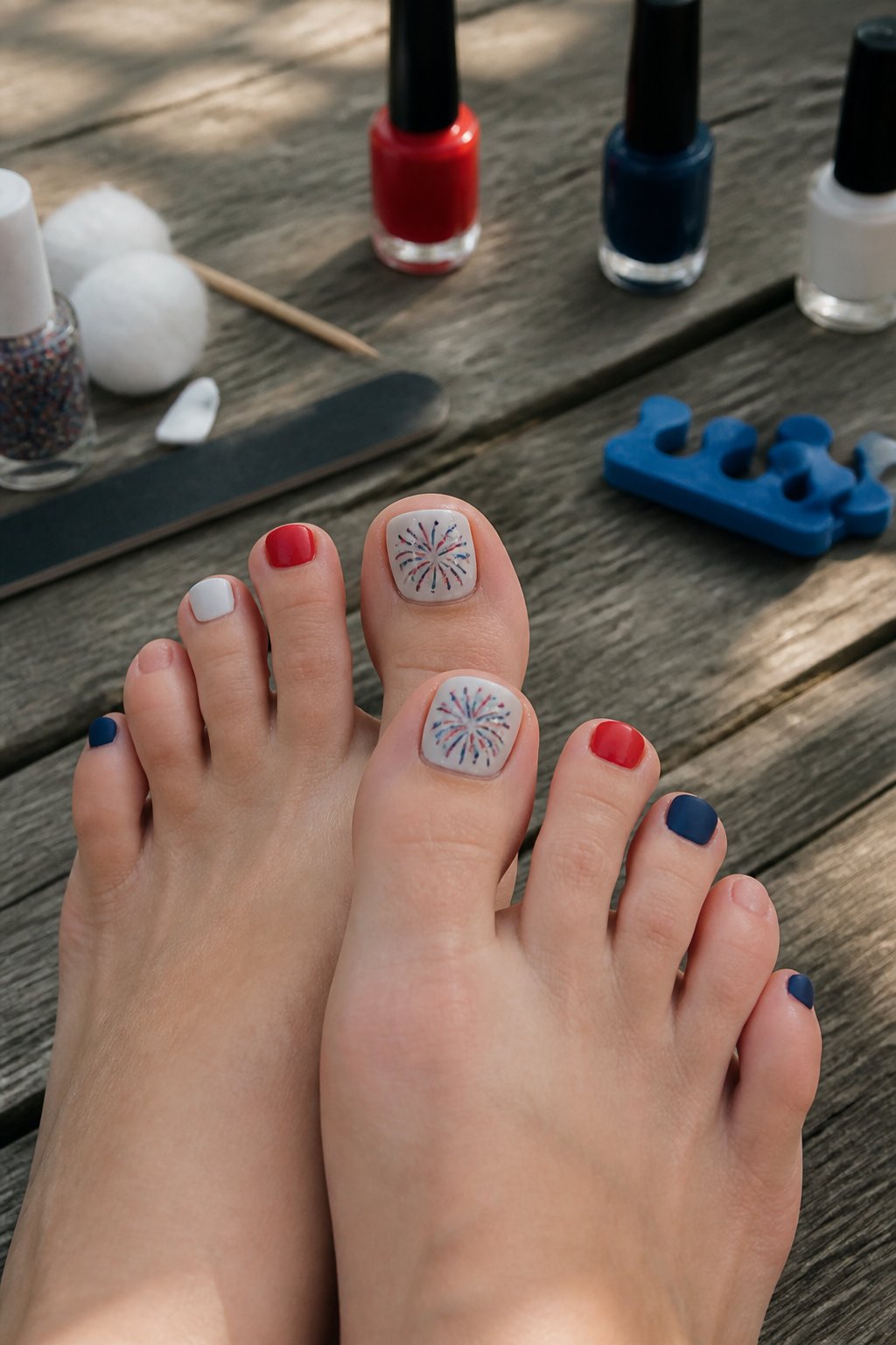 Close-up of feet with red, white, and blue pedicure featuring glitter accents, resting on a wooden surface with manicure tools nearby.