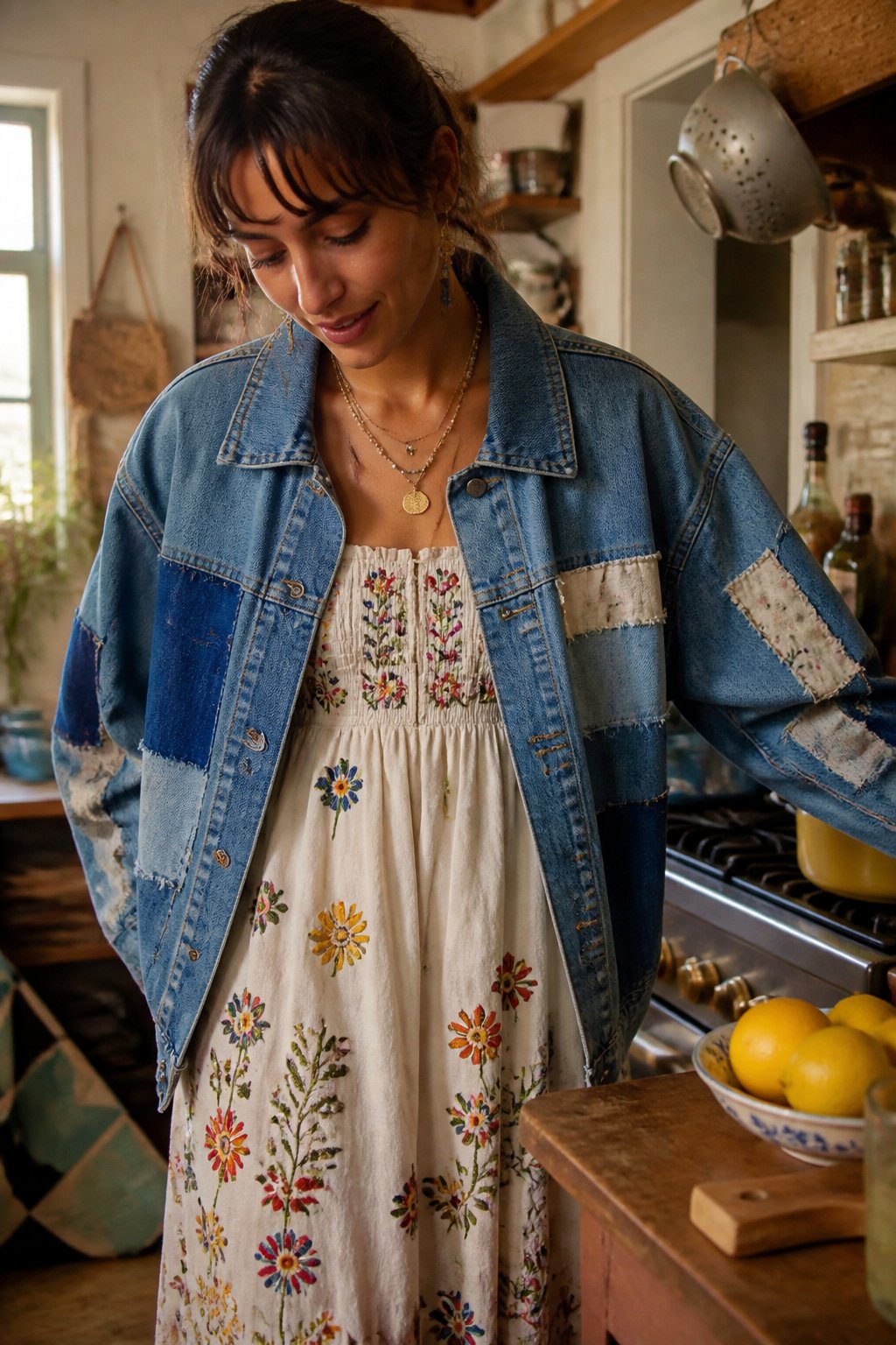 Person wearing a patchwork denim jacket over an embroidered sundress in natural daylight, with casual surroundings and soft shadows.