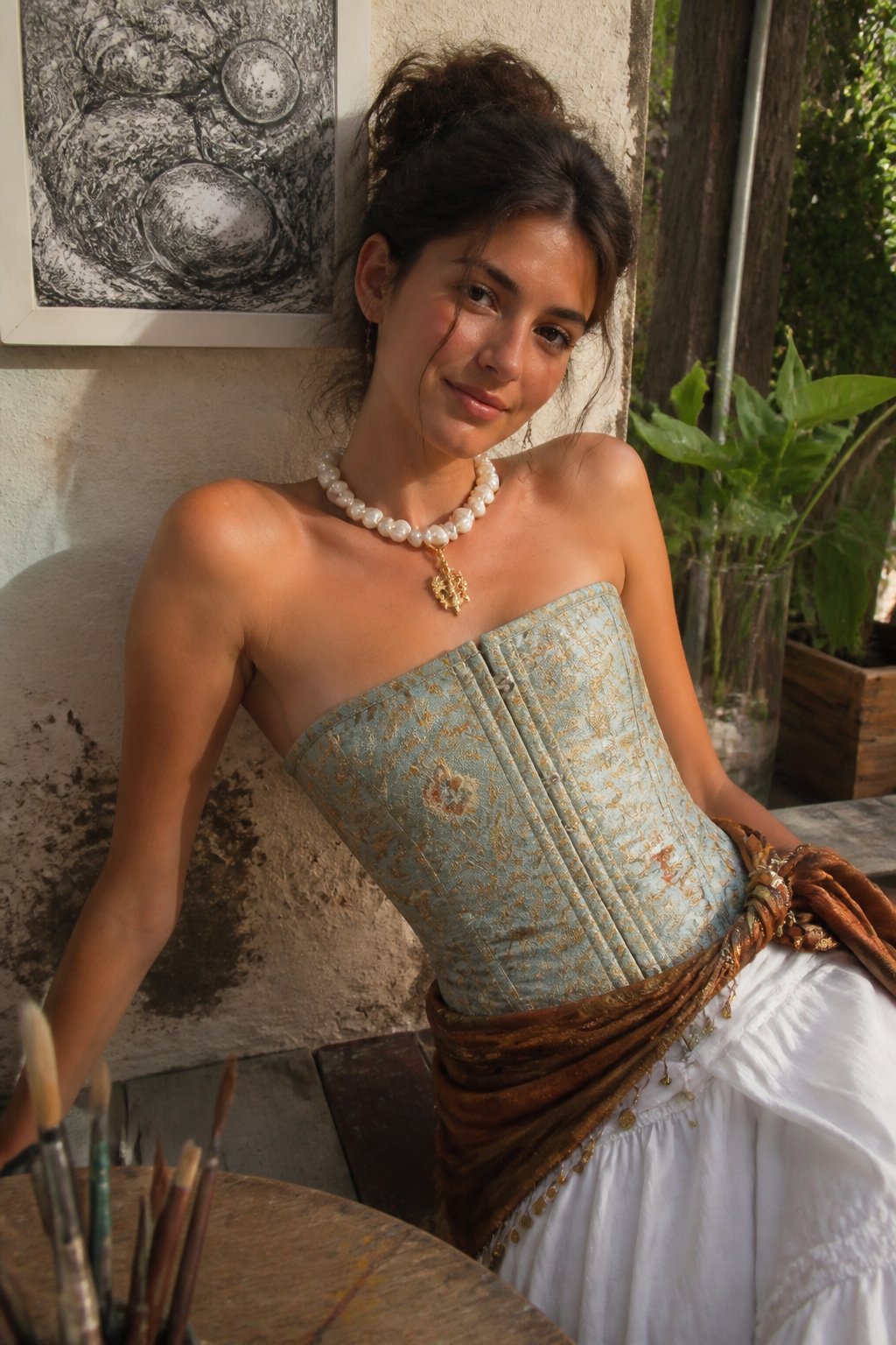A woman wearing a baroque pearl necklace and a brocade corset top in natural daylight with a casual, slightly off-center composition and soft shadows.