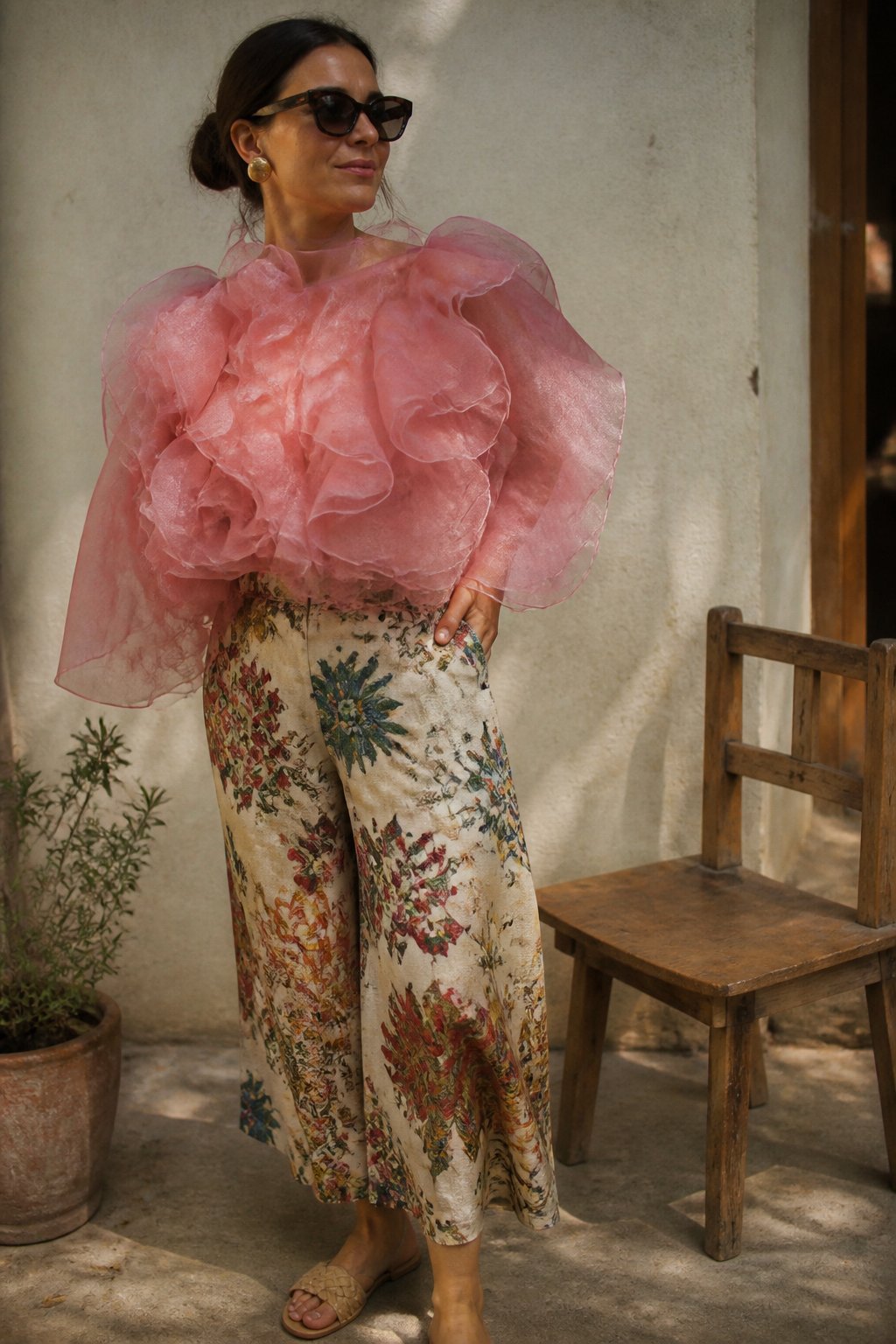 A person wearing an oversized ruffled top and printed culottes stands in a softly lit room with natural daylight and casual surroundings.