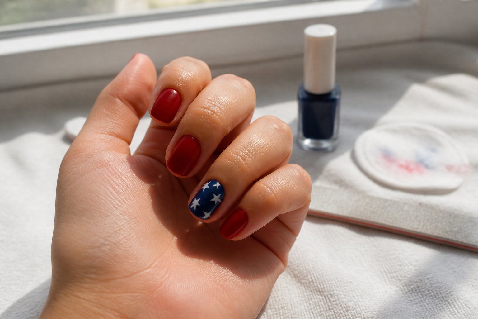 A close-up of a hand with an Independence Day themed stars-and-stripes accent nail, surrounded by nail care tools on a softly lit surface.