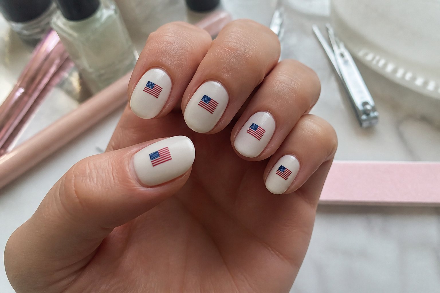 A hand with matte white nails decorated with tiny flag decals, surrounded by clean nail tools on a softly lit surface.