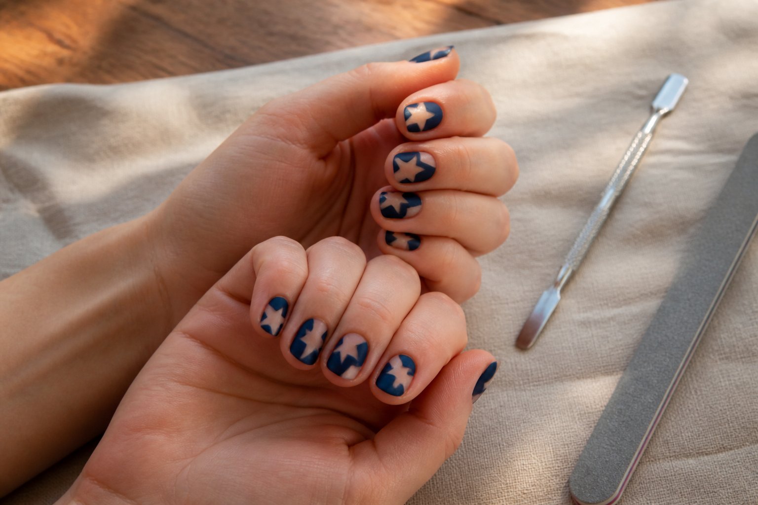 Close-up of hands with star cutout Independence Day manicure resting on a wooden surface with manicure tools nearby.