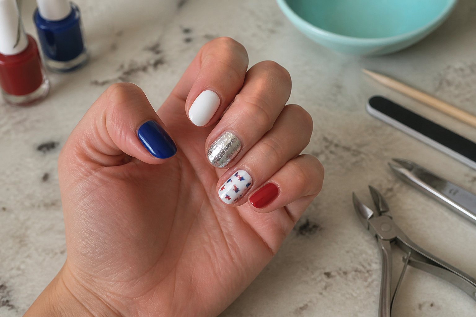 A hand with red, white, blue, and silver foil accent nails resting on a textured surface with manicure tools nearby.