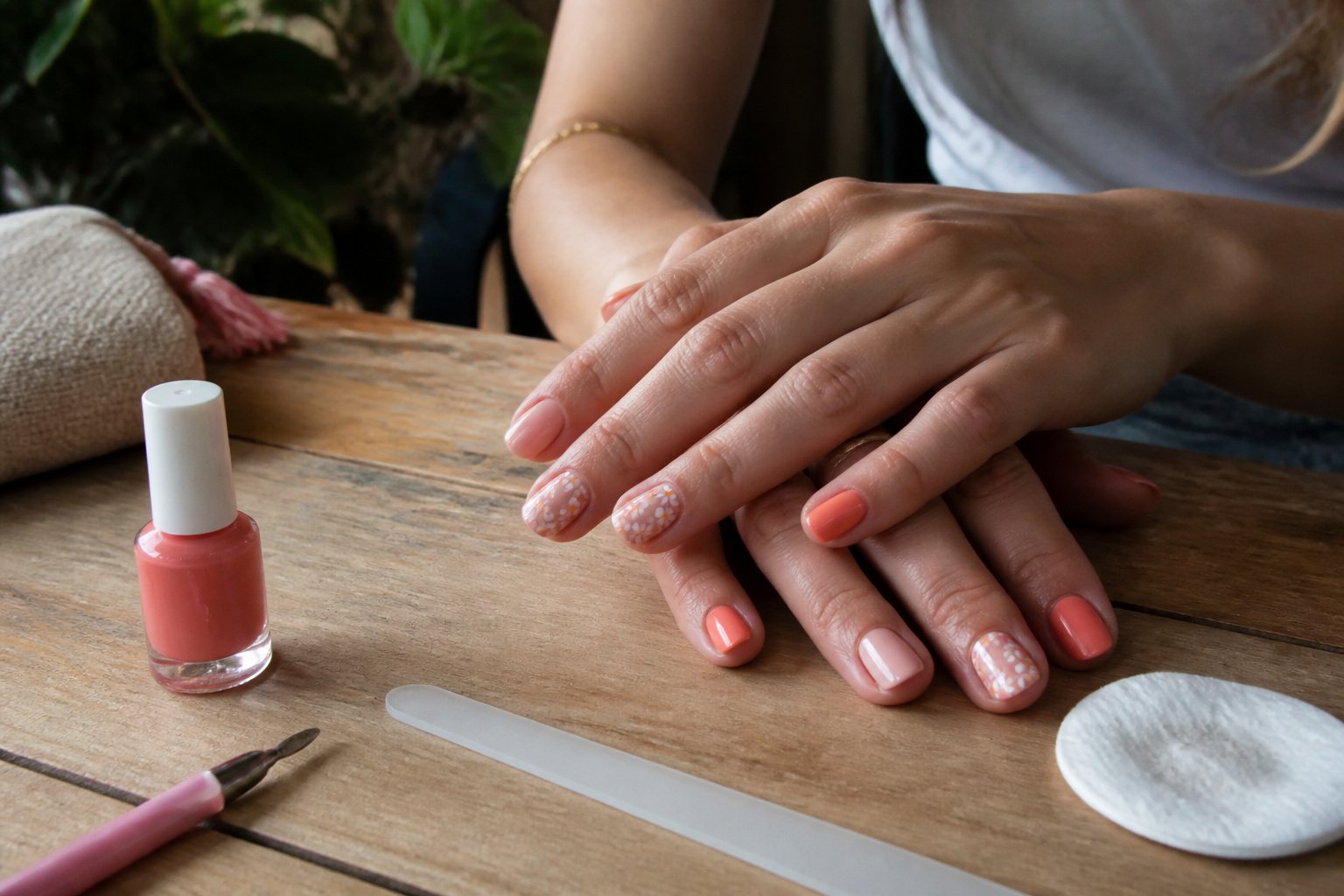 Close-up of hands with summer-inspired nail designs resting on a wooden table with manicure tools nearby.