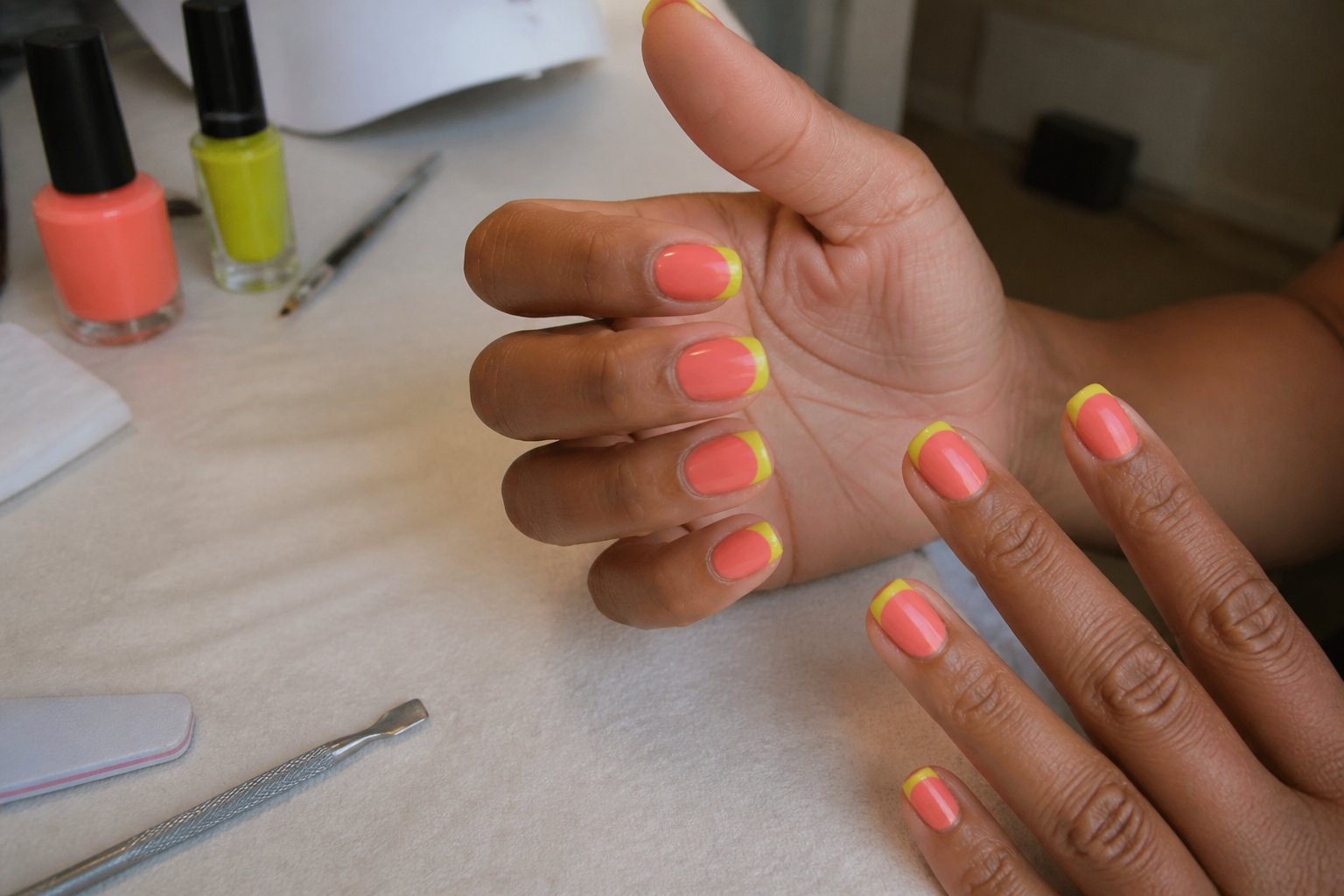 Close-up of hands with neon French tip nails on a coral base, surrounded by manicure tools on a matte surface.