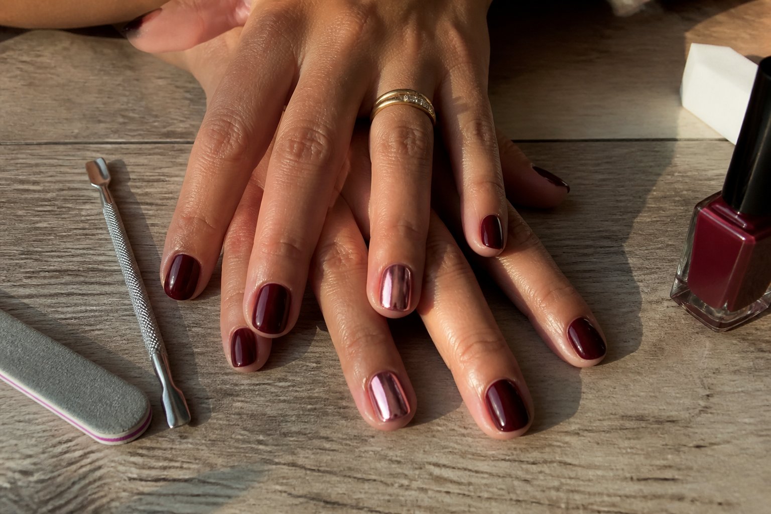 Close-up of hands with garnet chrome accent nails resting on a wooden surface surrounded by manicure tools.
