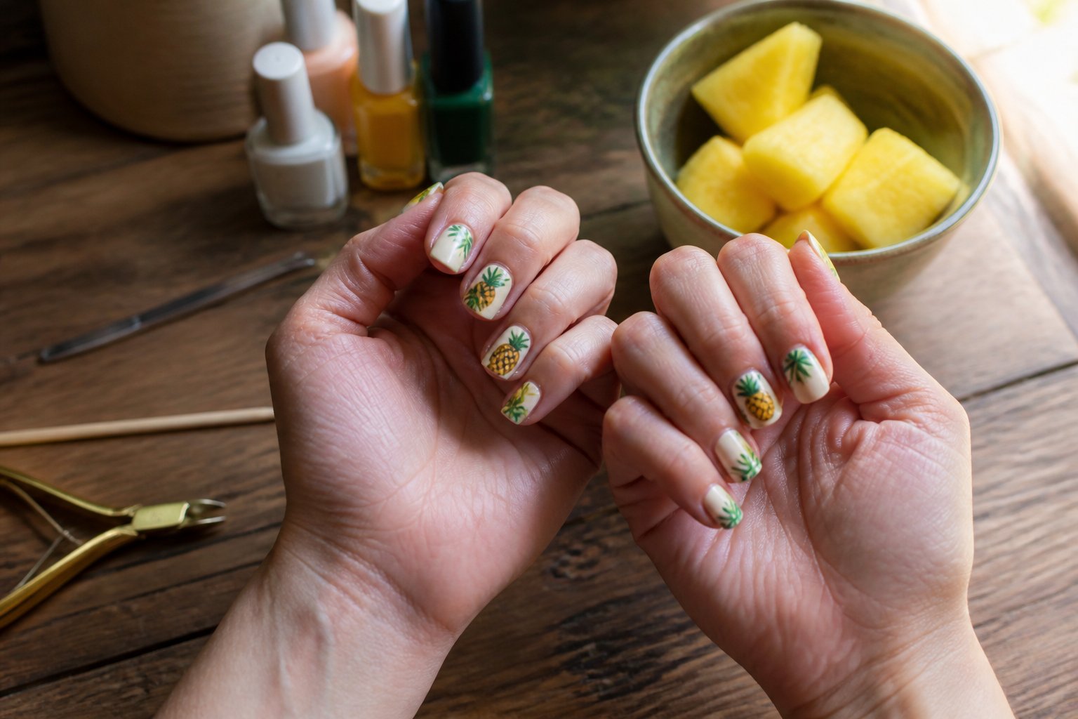 Close-up of hands with tropical palm and pineapple nail art surrounded by manicure tools and a bowl of pineapple pieces on a wooden surface.