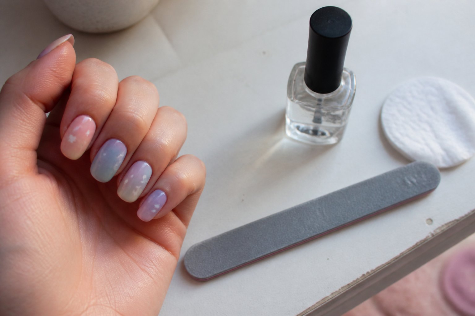 Close-up of hands with pastel ombre nails decorated with tiny stars, surrounded by nail care tools on a textured surface.