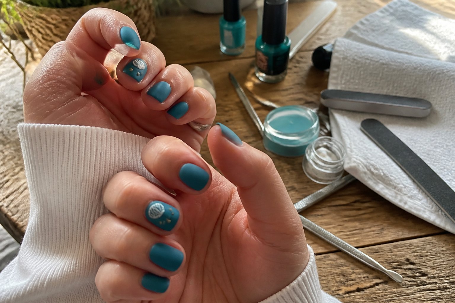 Close-up of hands with matte ocean teal nails and shell accents resting on a wooden surface, surrounded by manicure tools.