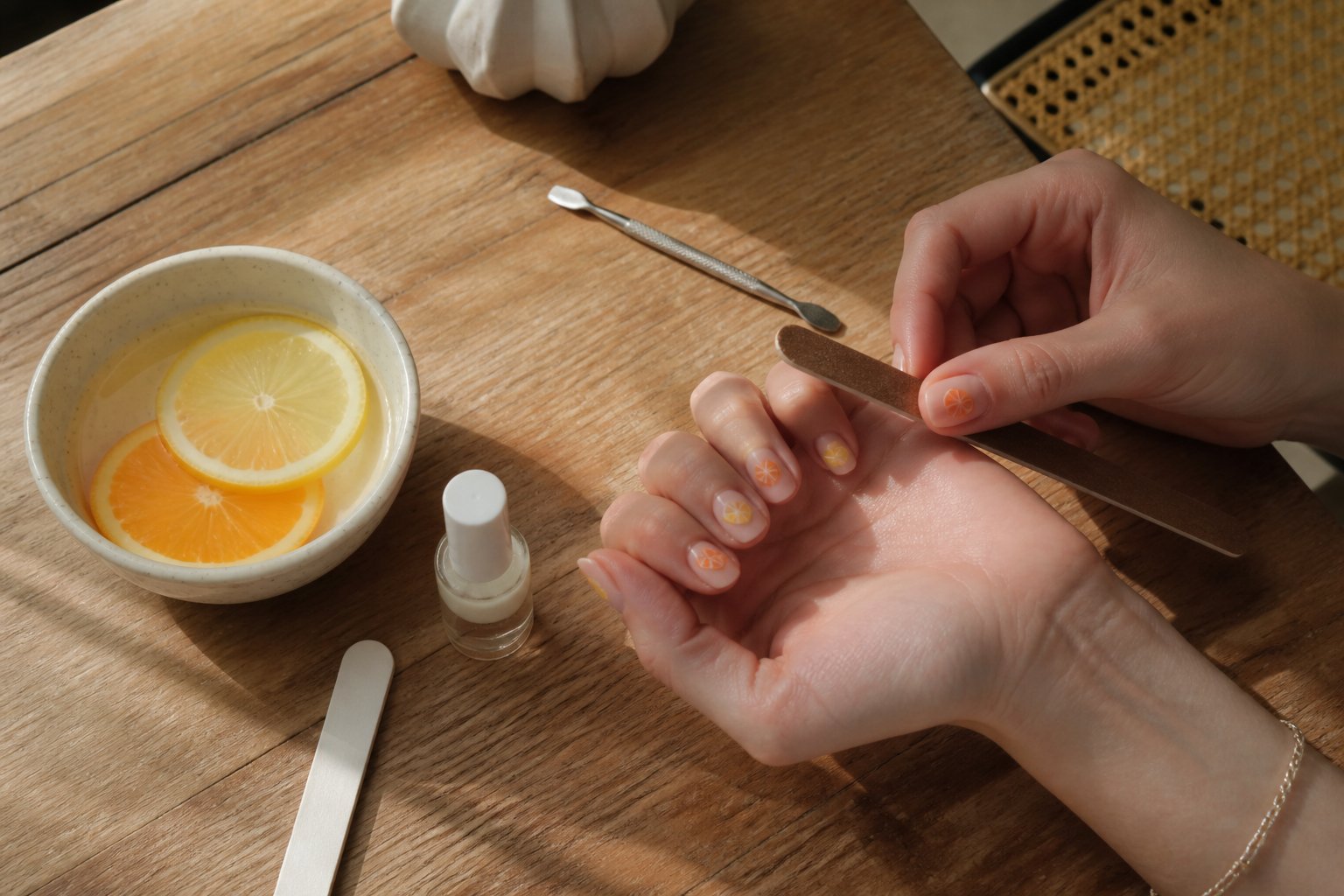 Hands with minimalist citrus-themed nail art holding manicure tools on a textured surface with natural daylight.