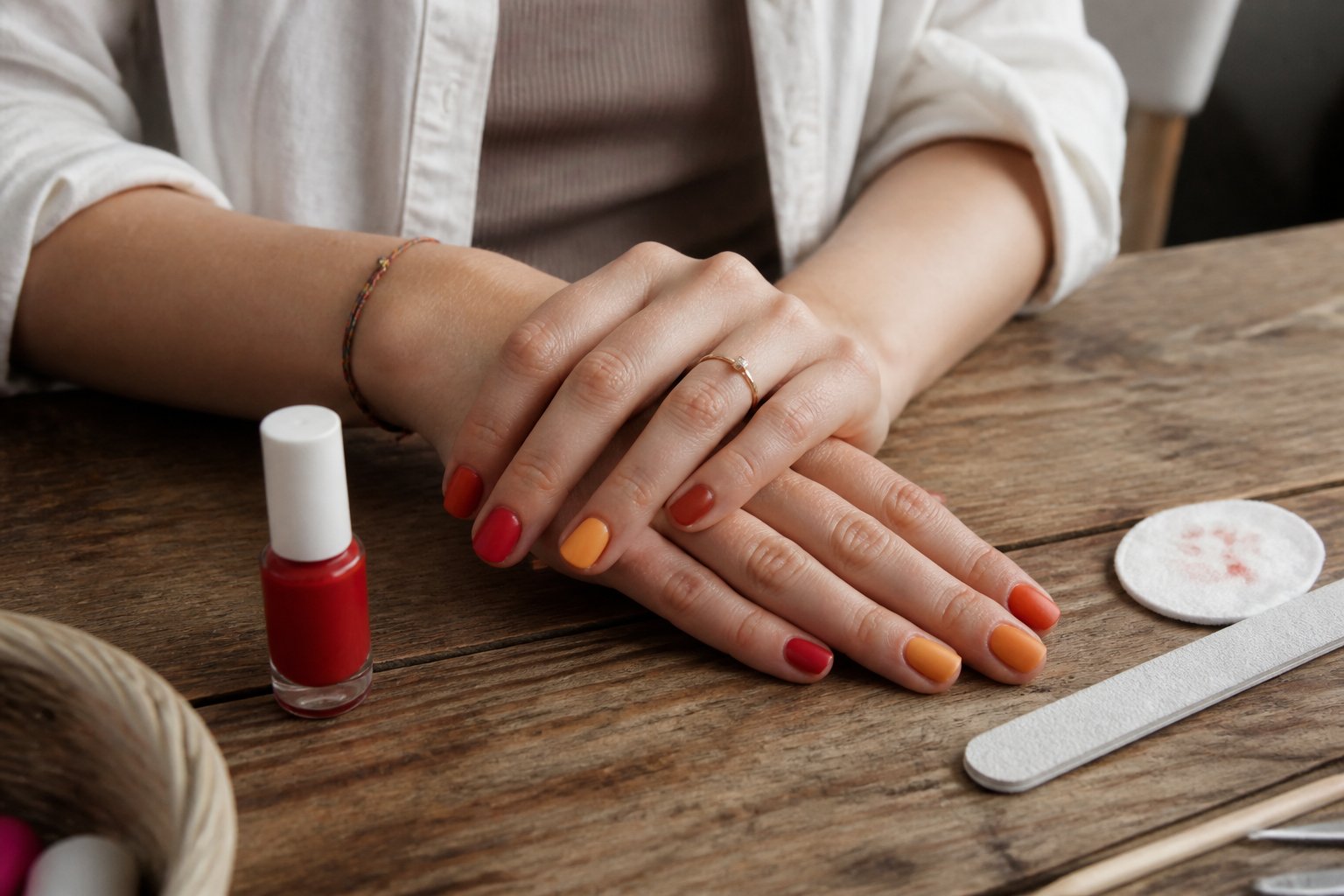 Close-up of hands with freshly painted summer-colored nails resting on a wooden table surrounded by manicure tools.