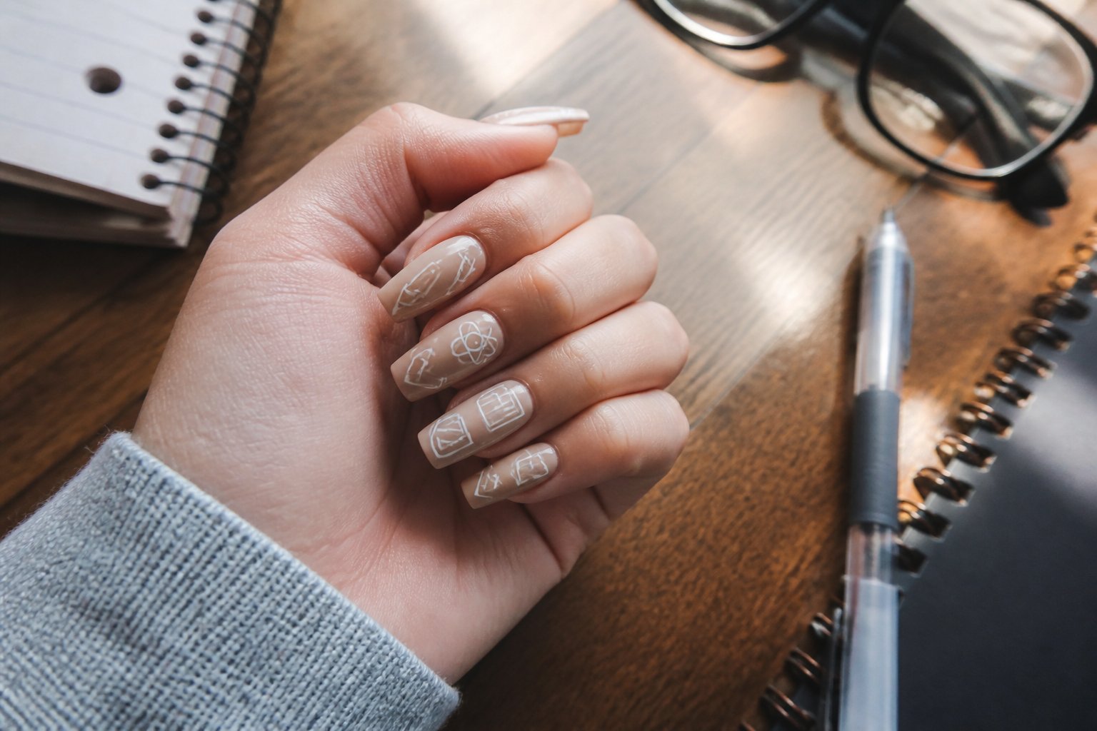 A hand with neutral nude coffin-shaped nails decorated with white school-themed doodles, resting near a pen and notebook on a table.