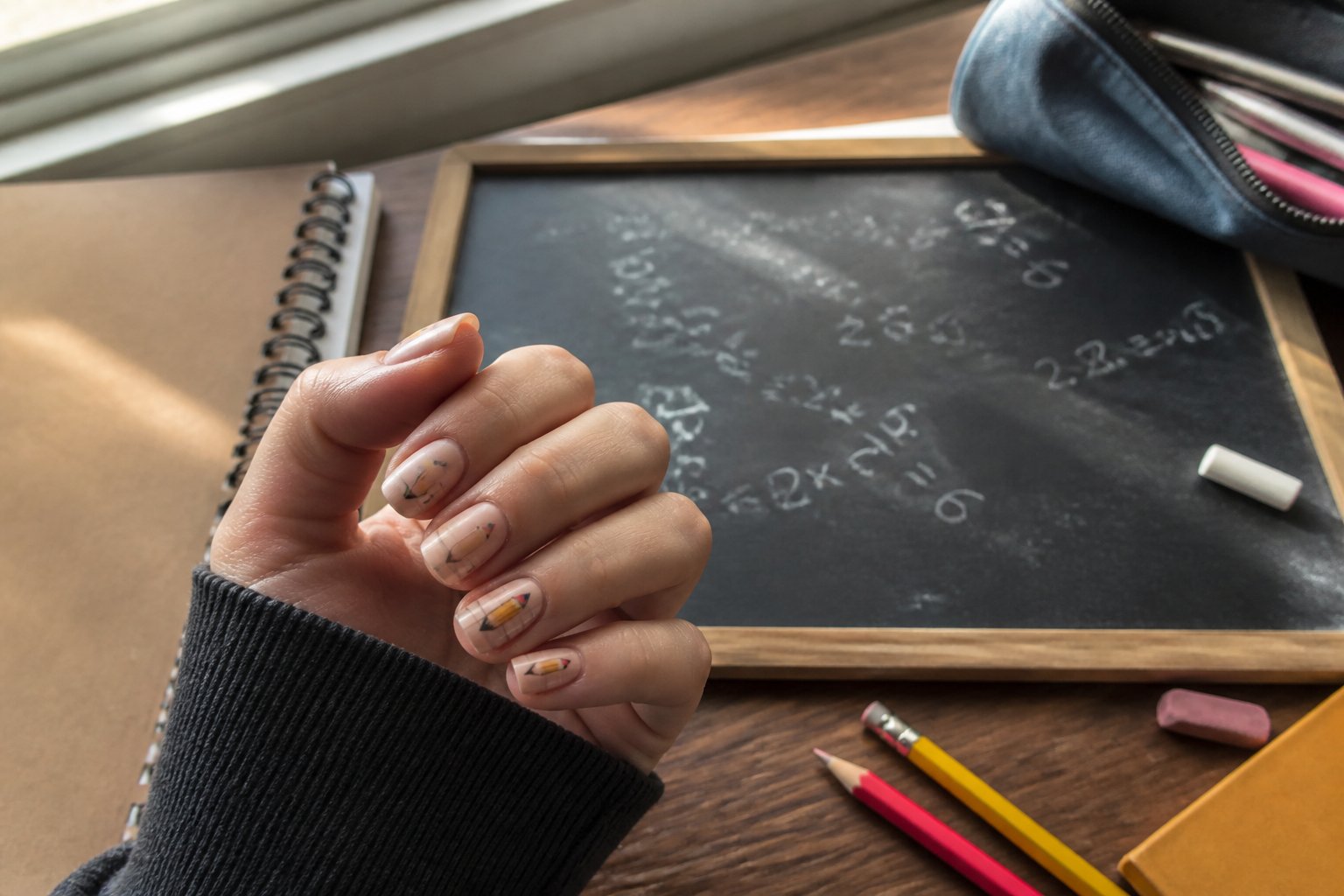 Close-up of hands with back-to-school themed nails near a small black chalkboard with white math equations, surrounded by school supplies like pencils and a notebook.