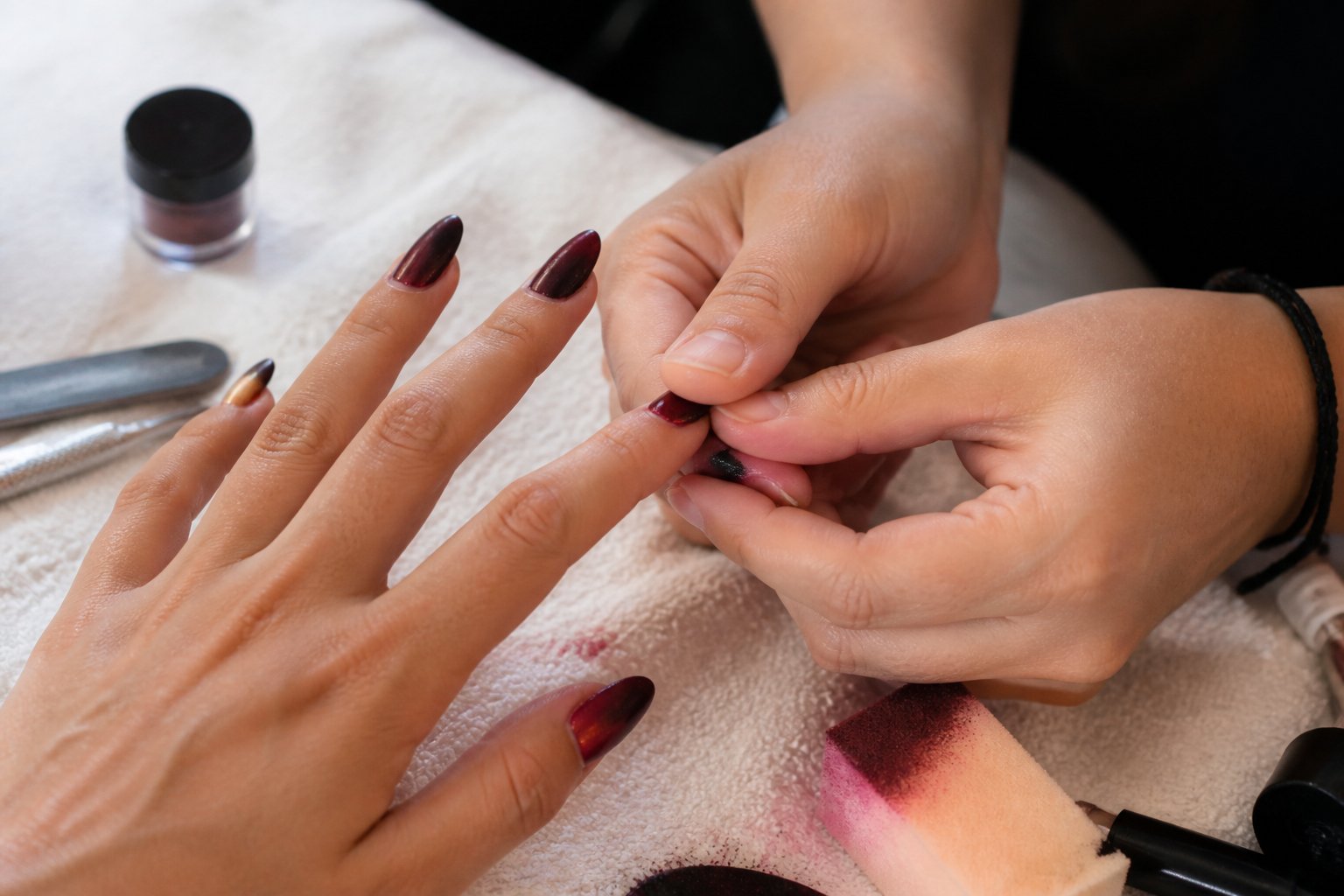 Hands working on back-to-school ombre two-tone nails with manicure tools on a simple surface in soft daylight.