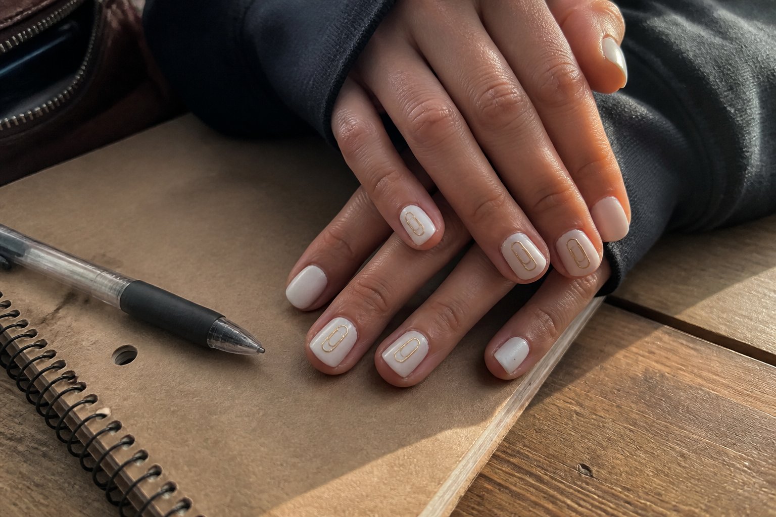 Close-up of hands with white nails featuring a gold paperclip decal, resting on a wooden desk with a notebook and pen nearby.