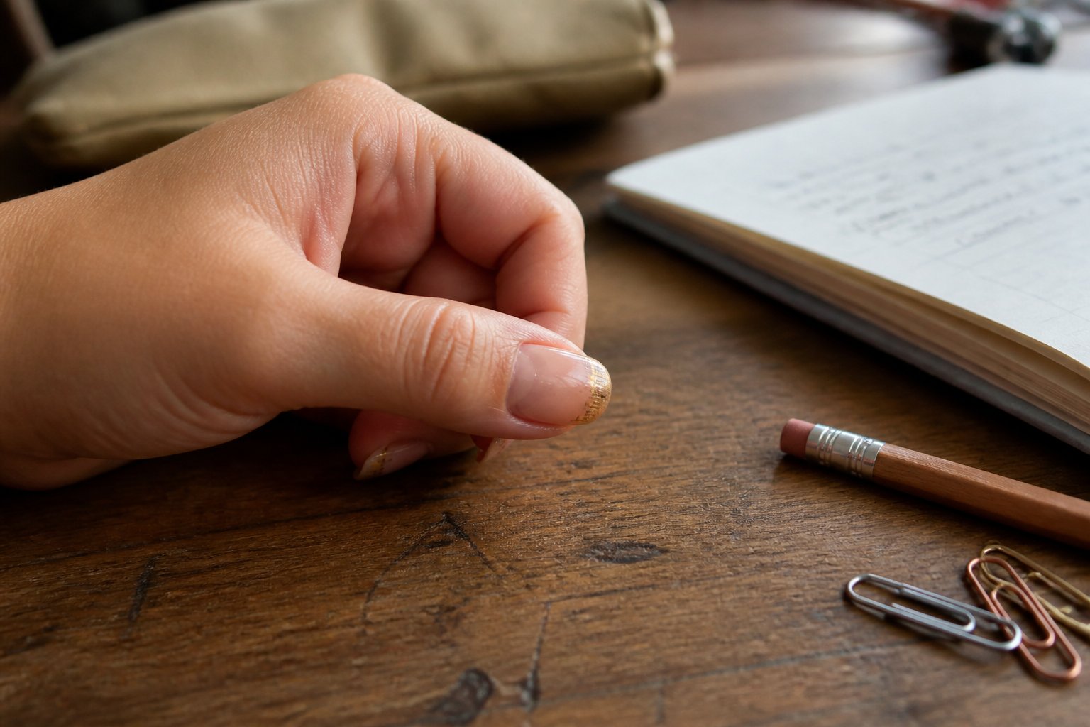 A close-up of a hand with a glittery accent nail resting on a wooden desk surrounded by school supplies like a pencil and notebook.