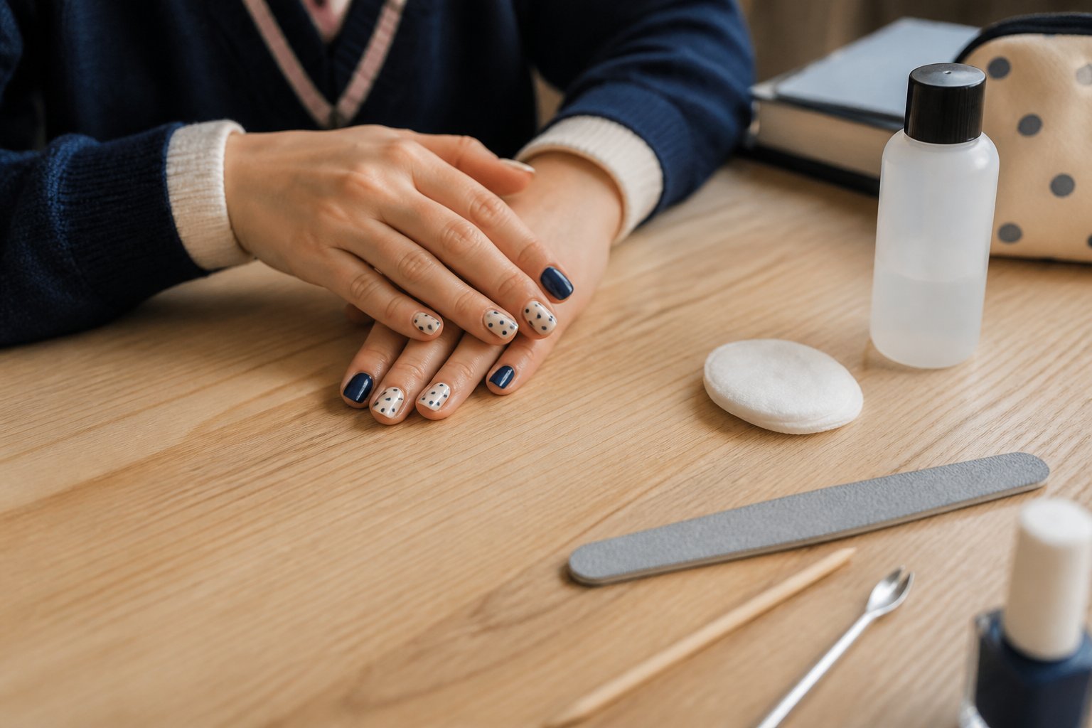 Close-up of hands with navy and cream polka-dot nails resting on a wooden table surrounded by nail care tools like a nail file and cotton pad.