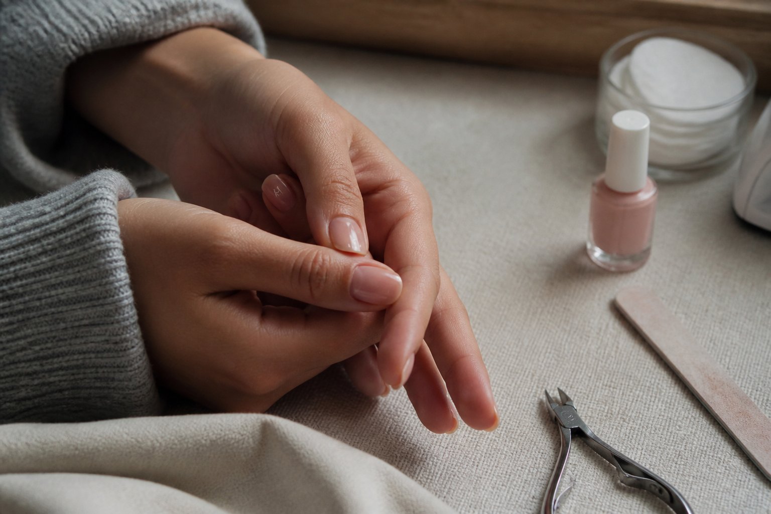 Close-up of hands with sheer pink nails featuring tiny initials, surrounded by nail care tools on a textured surface.