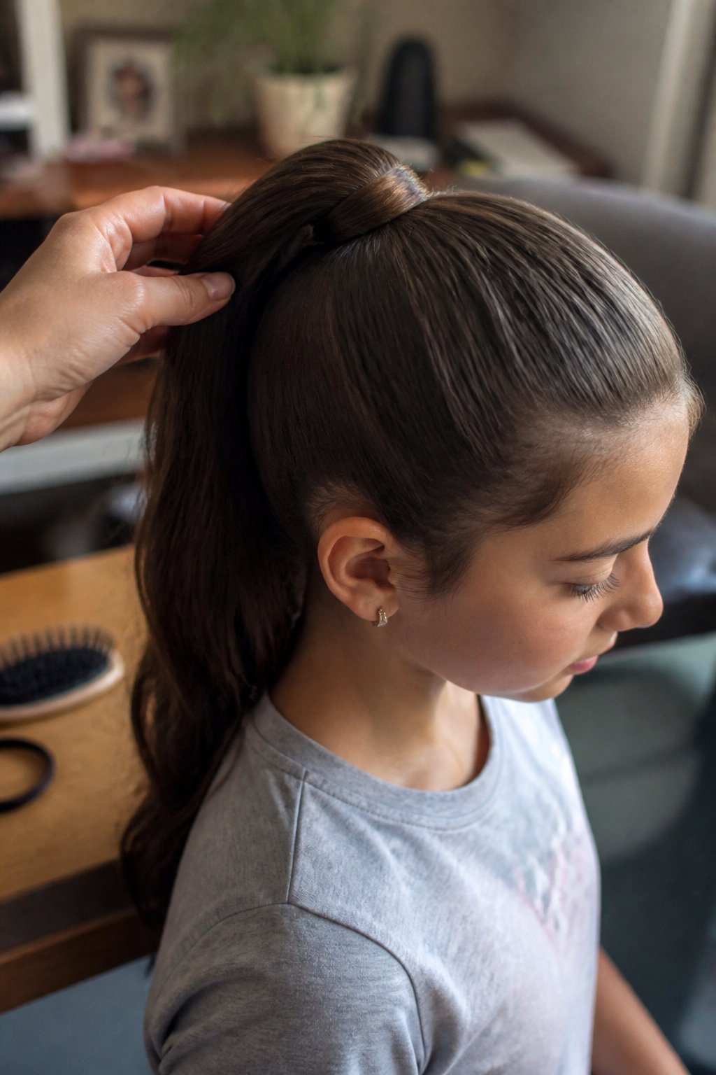 A young person with a classic high ponytail hairstyle featuring a wrap-around hair section, softly lit by natural daylight in a casual indoor setting with hair tools nearby.