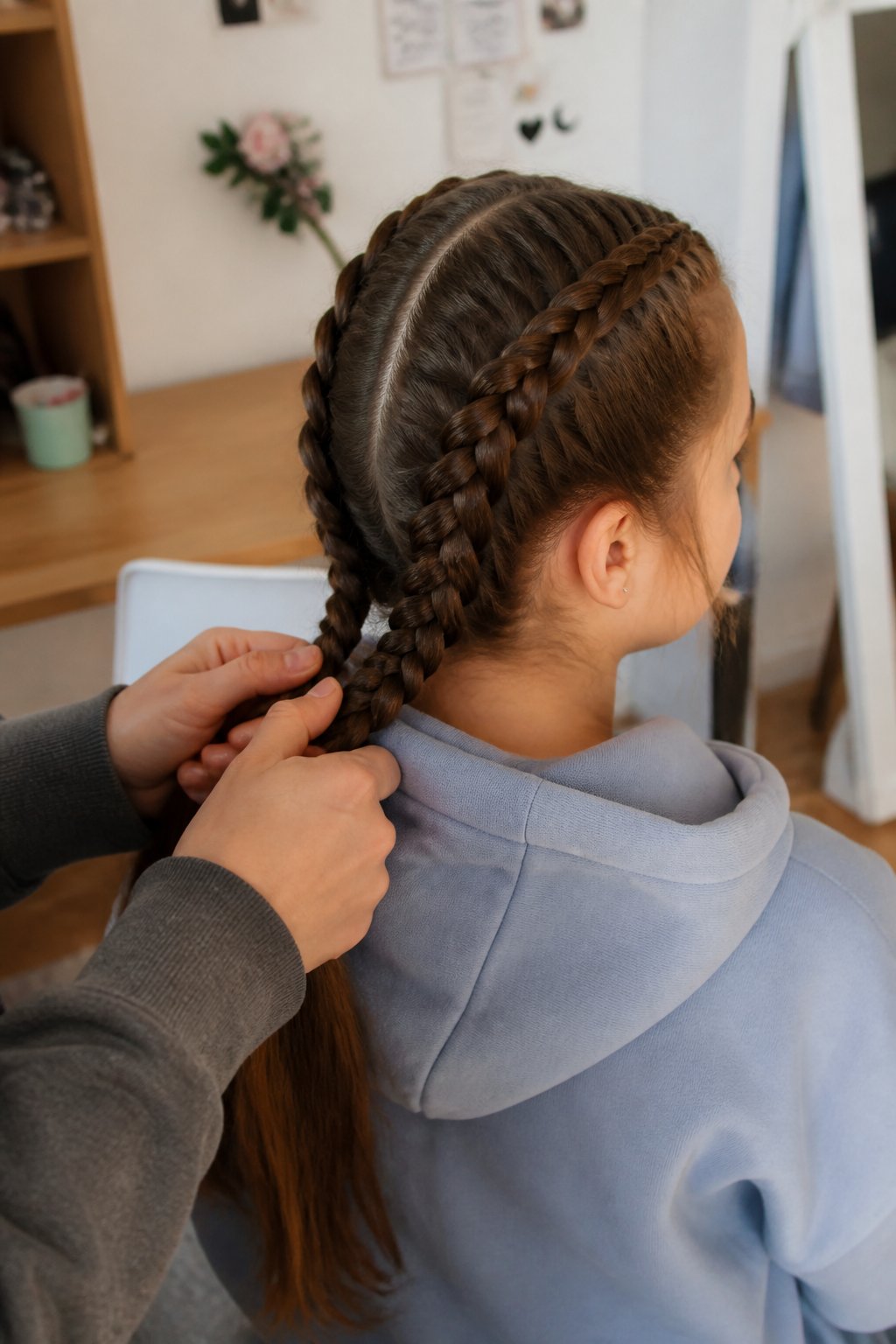 A young person with double Dutch Boxer Braids in a softly lit room, hands adjusting their hair with hair tools nearby.