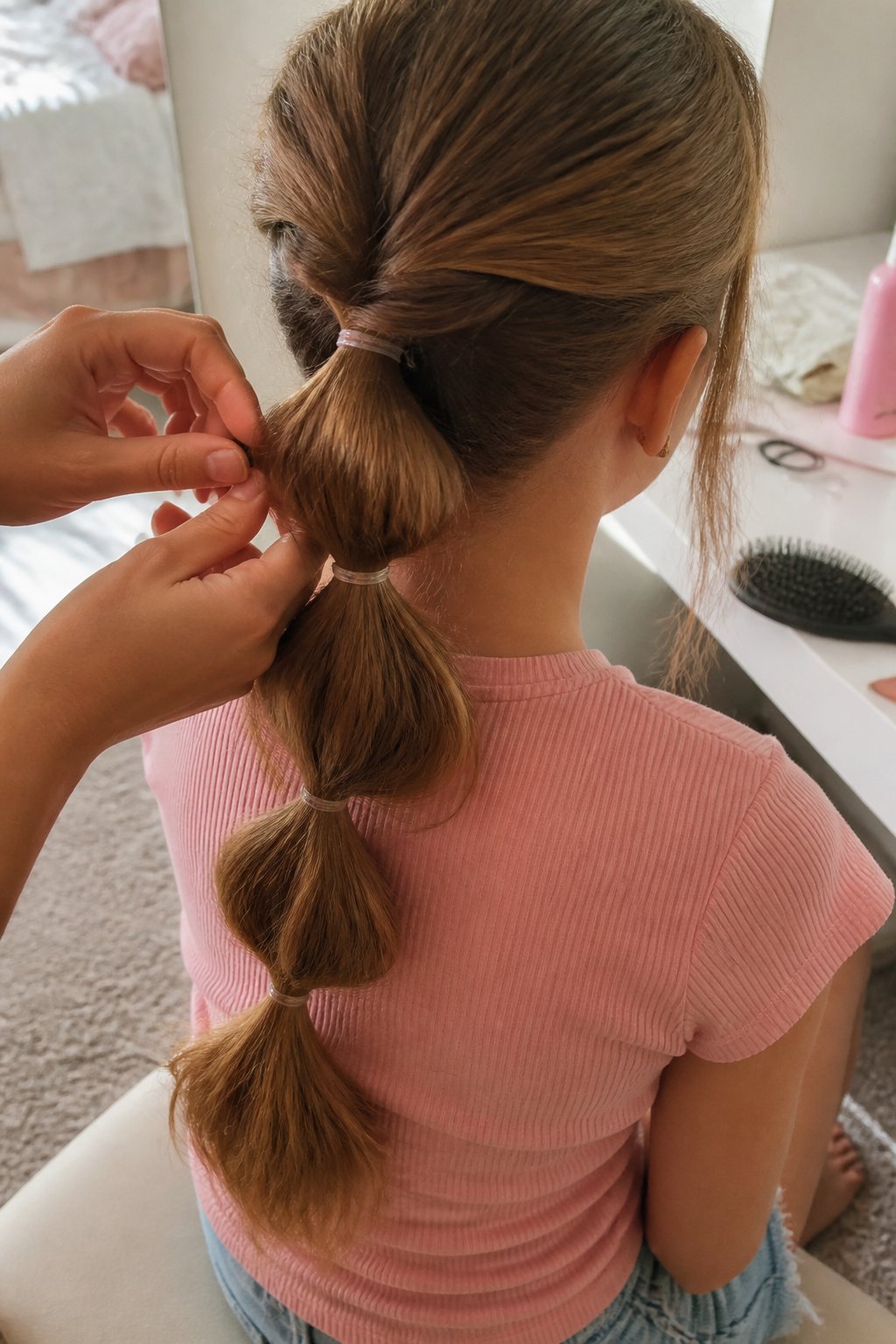 A person styling a half-up bubble ponytail in a softly lit room with hair tools and accessories nearby.
