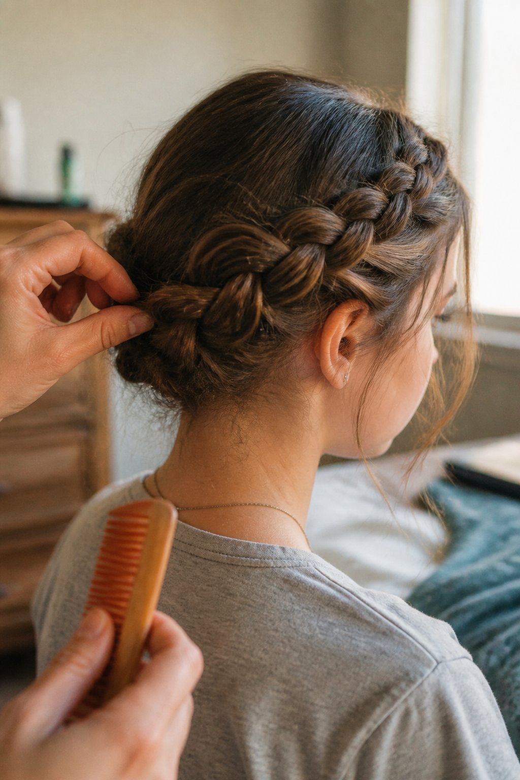 A person with a faux halo braid is having their hair gently styled in a softly lit room with natural daylight and casual surroundings.