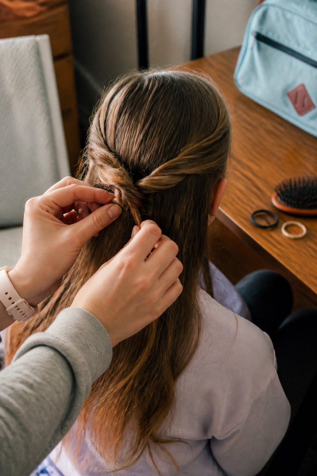 A person styling a twisted half-up knot hairstyle with hands and hair tools visible on a table in soft daylight.