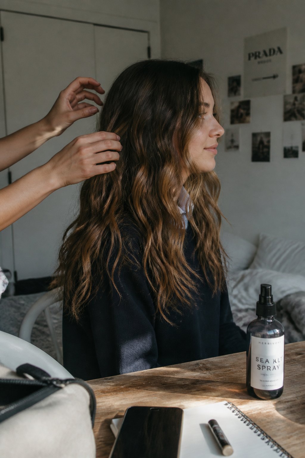 A person styling textured beach waves with sea salt spray, hands adjusting hair near a wooden table with a spray bottle, in soft natural daylight.