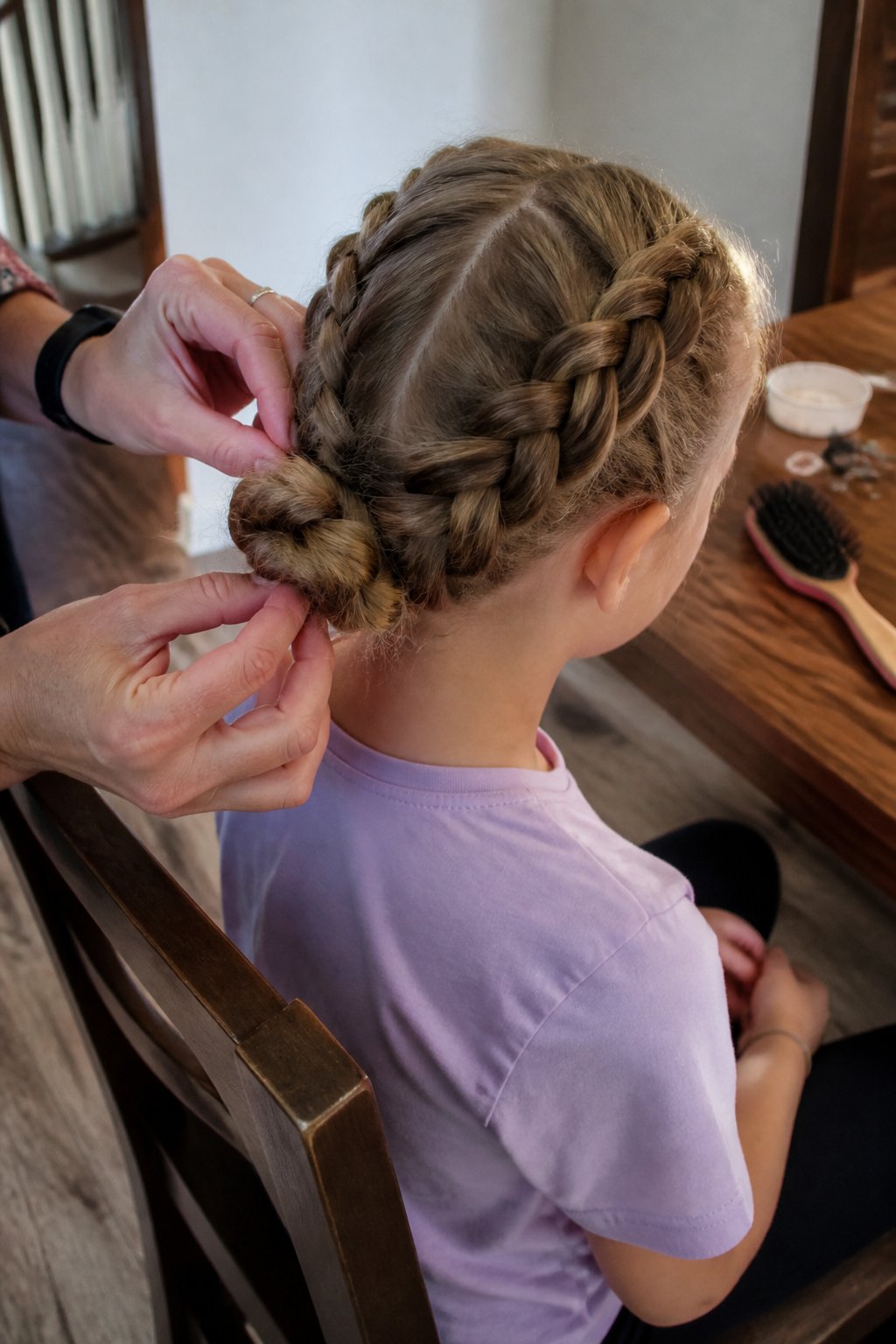 Hands styling double French braids into a low bun on a person's hair in a softly lit room with natural daylight.