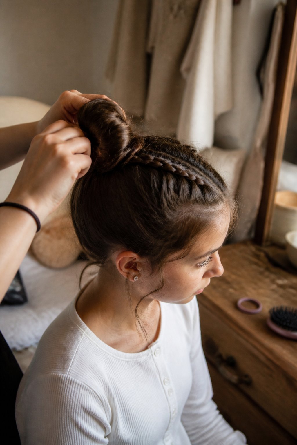 A young person styling their hair in a top knot with a braided accent, surrounded by hair tools on a wooden surface, lit by soft daylight.
