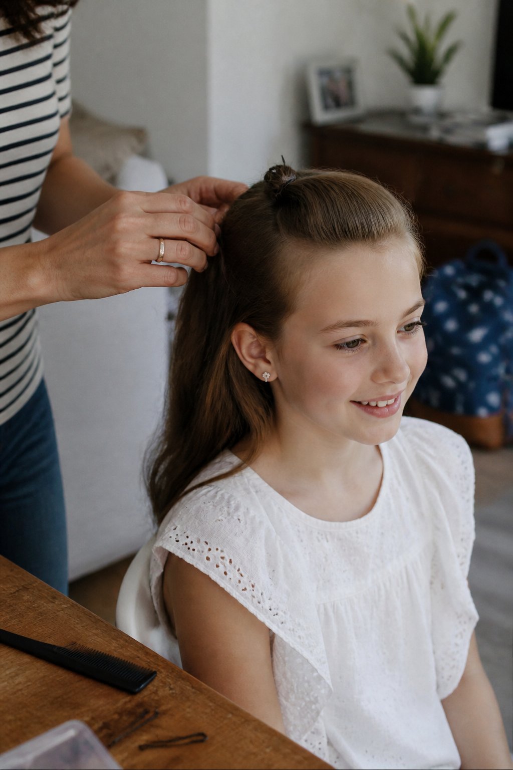 A person styling a pinned back mini pompadour hairstyle in a softly lit room with hair tools on a wooden table.