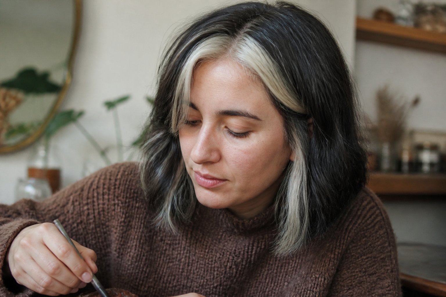 A person with black and white skunk stripe hair in soft daylight, shown in a casual, slightly off-center close-up with natural textures and hands visible.