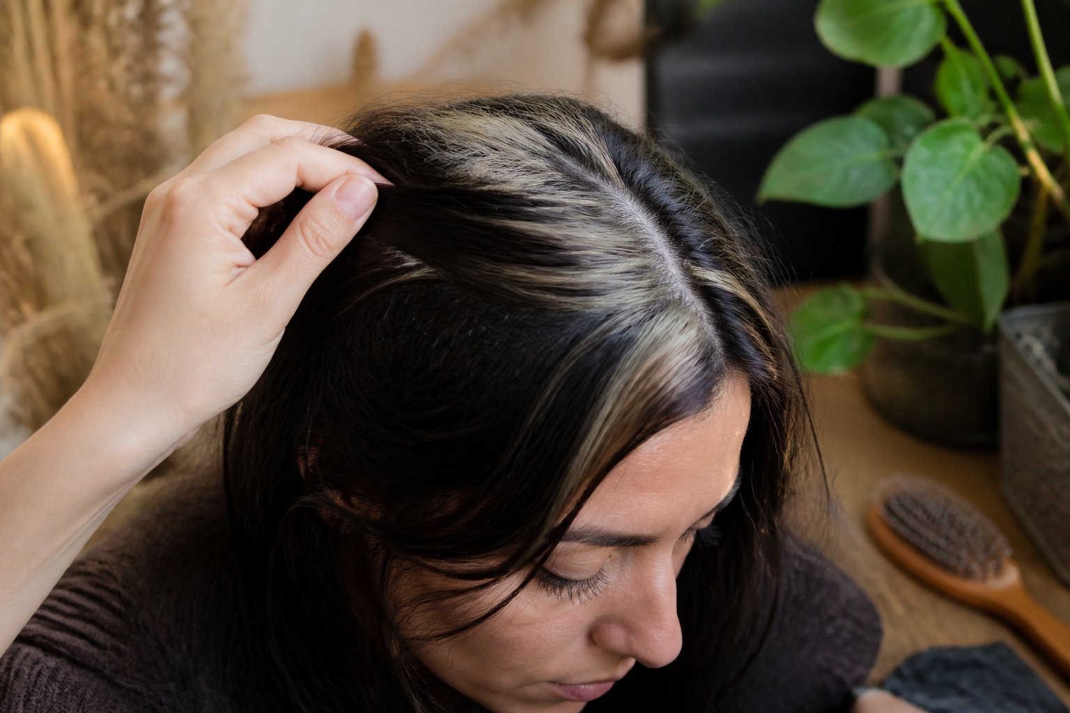 Close-up of a person with skunk stripe hair, showing natural hair texture and a hand gently touching the hair alongside hair care tools on a softly lit surface.