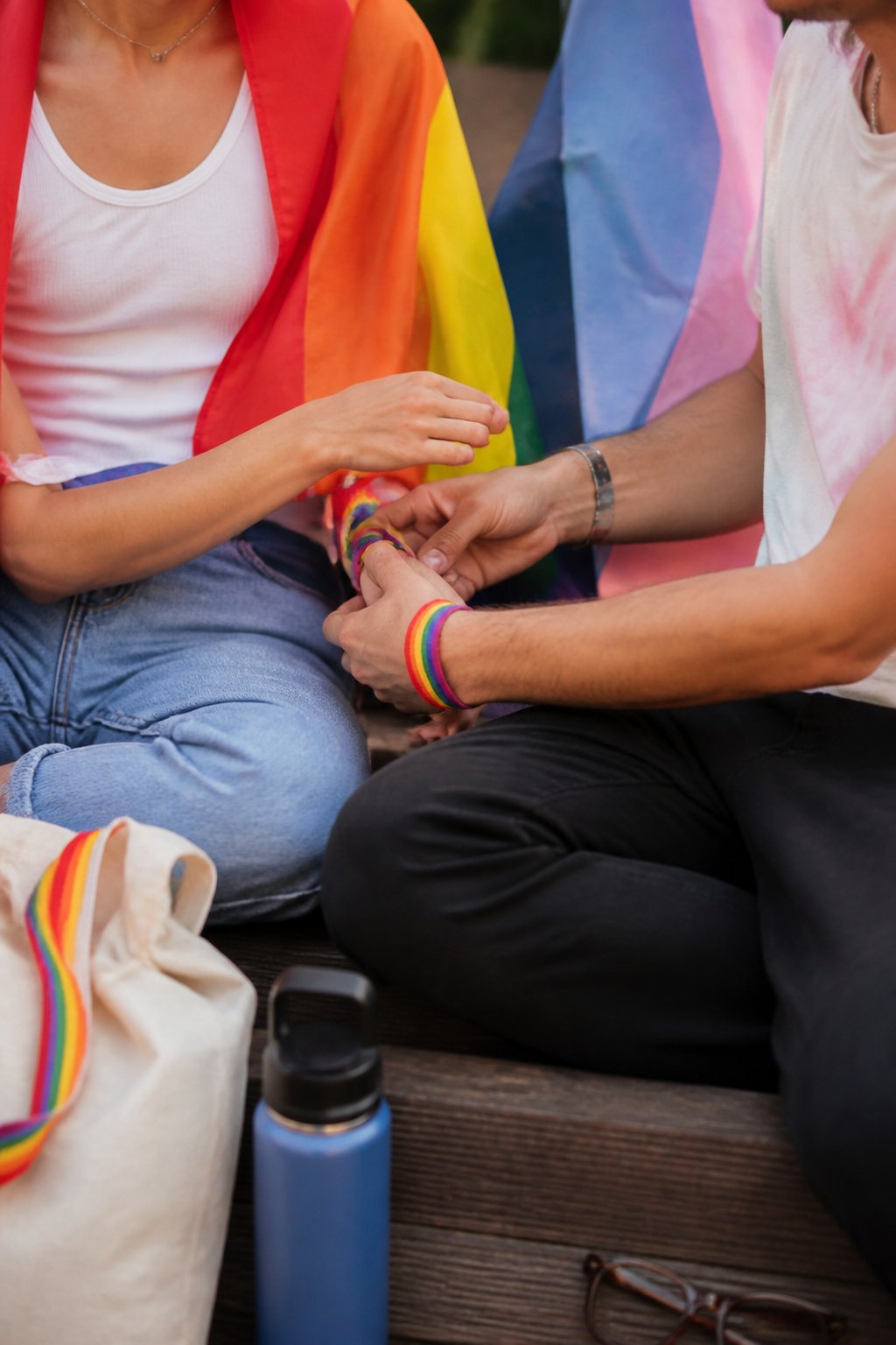 A casual scene showing people wearing colorful Pride Day outfits outdoors, with hands and accessories visible, captured in soft natural daylight.