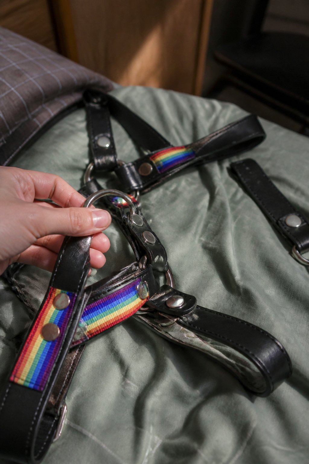 Close-up of a leather harness with rainbow ribbon accents, displayed casually with hands nearby, in soft daylight.