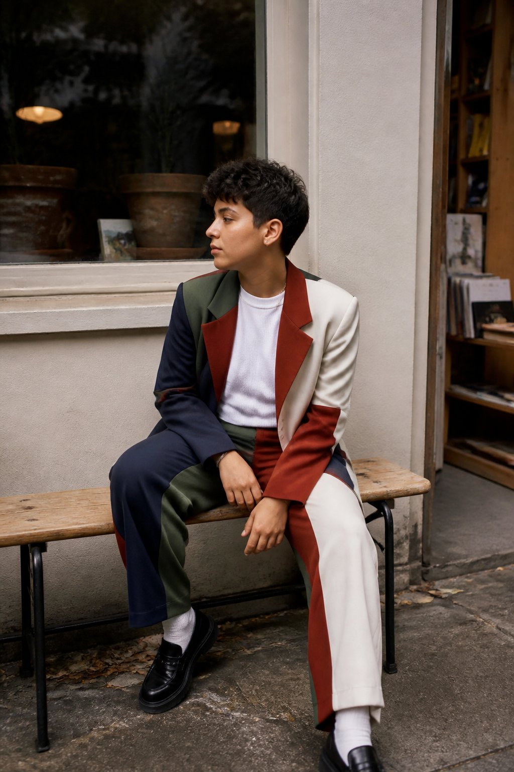 A person wearing a colorful, gender-neutral suit stands in soft daylight with casual surroundings and natural textures.