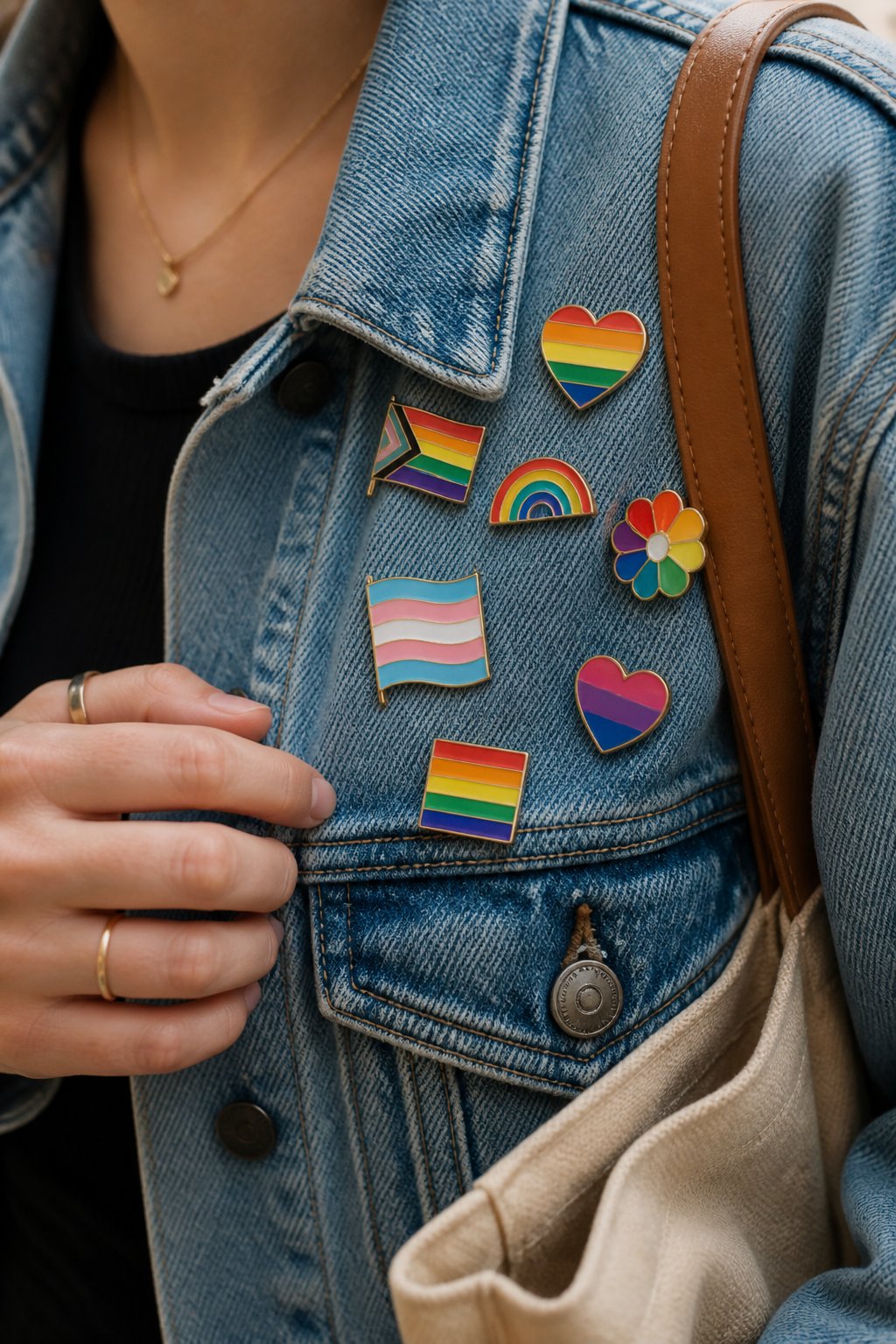 Close-up of a denim jacket with colorful Pride enamel pins, with a hand nearby adjusting one pin.