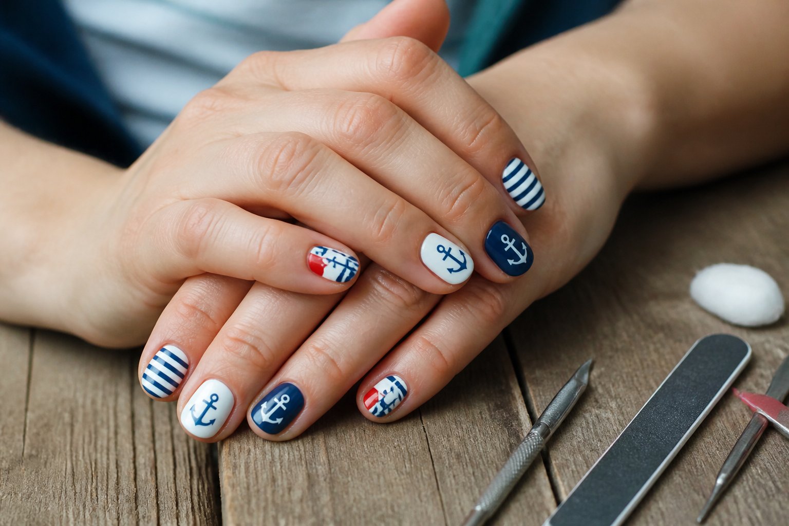 Close-up of hands with navy blue and white striped nautical-themed nails resting on a wooden surface with manicure tools nearby.