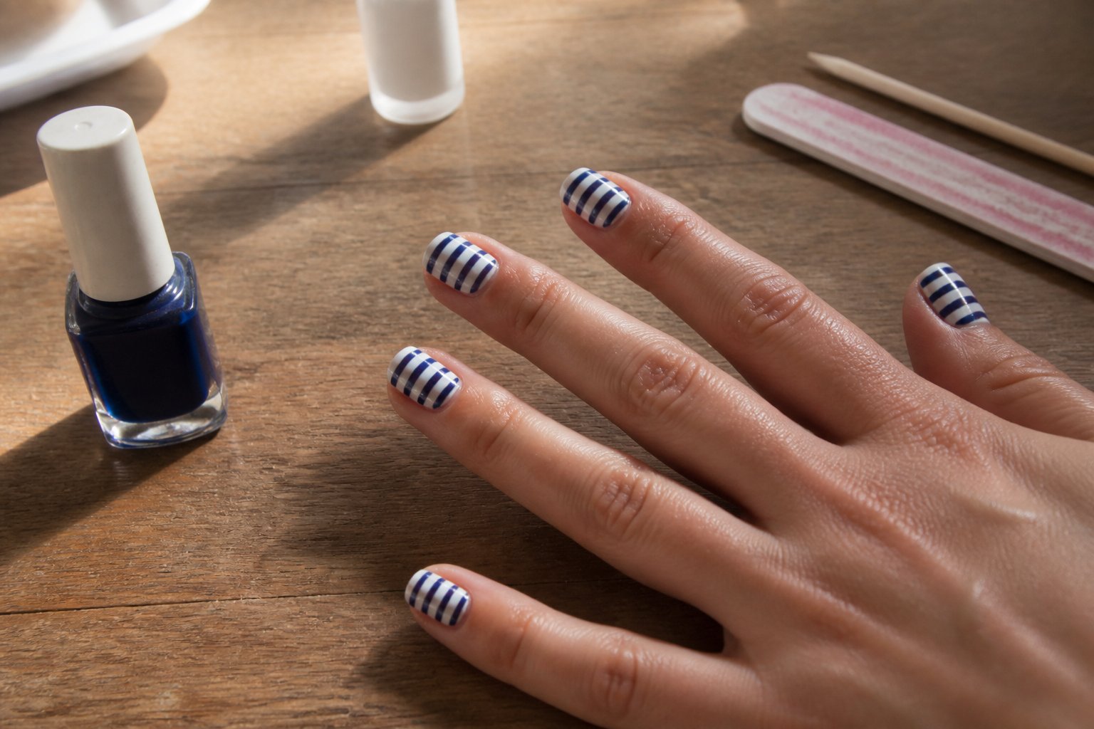 A hand with navy and white striped nails resting on a wooden surface, surrounded by manicure tools.