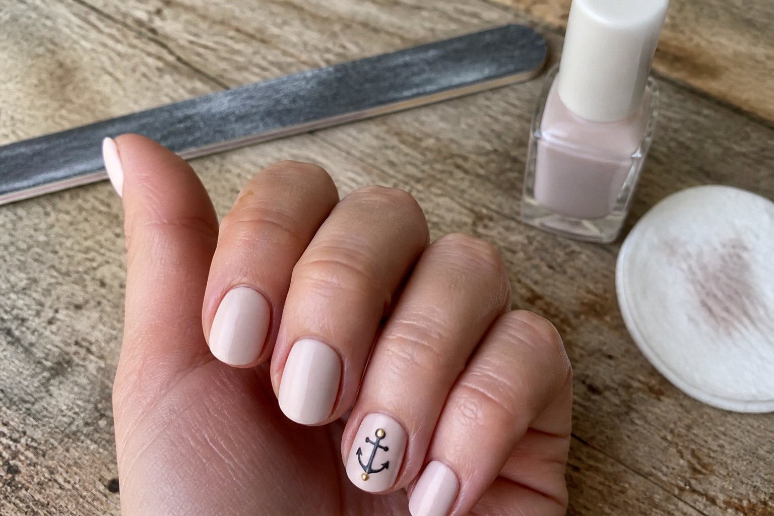 Close-up of a hand with nautical-themed nails featuring an anchor design and gold studs resting on a wooden surface with nail care tools nearby.