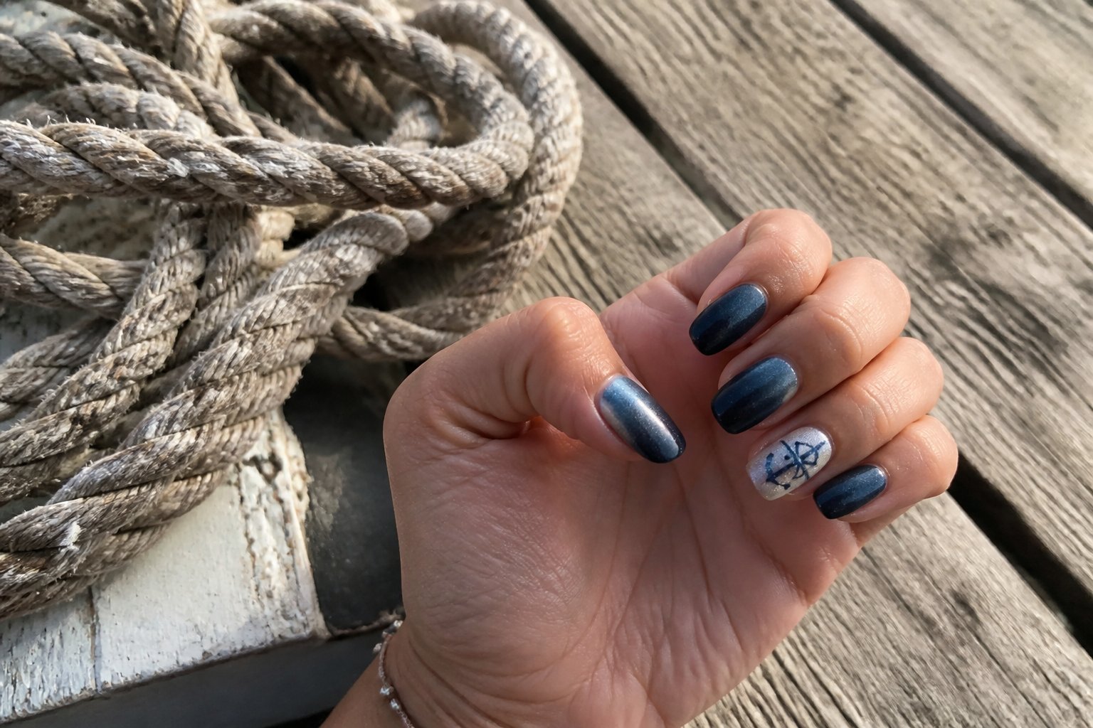 A hand with navy ombre nails and pearl topcoat resting on a textured wooden surface with nautical elements nearby.