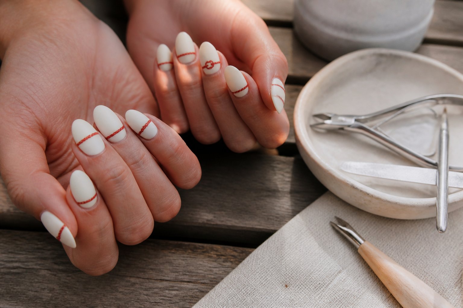 Close-up of hands with matte white nails featuring red rope-twist accents, surrounded by nail tools on a neutral surface under soft daylight.