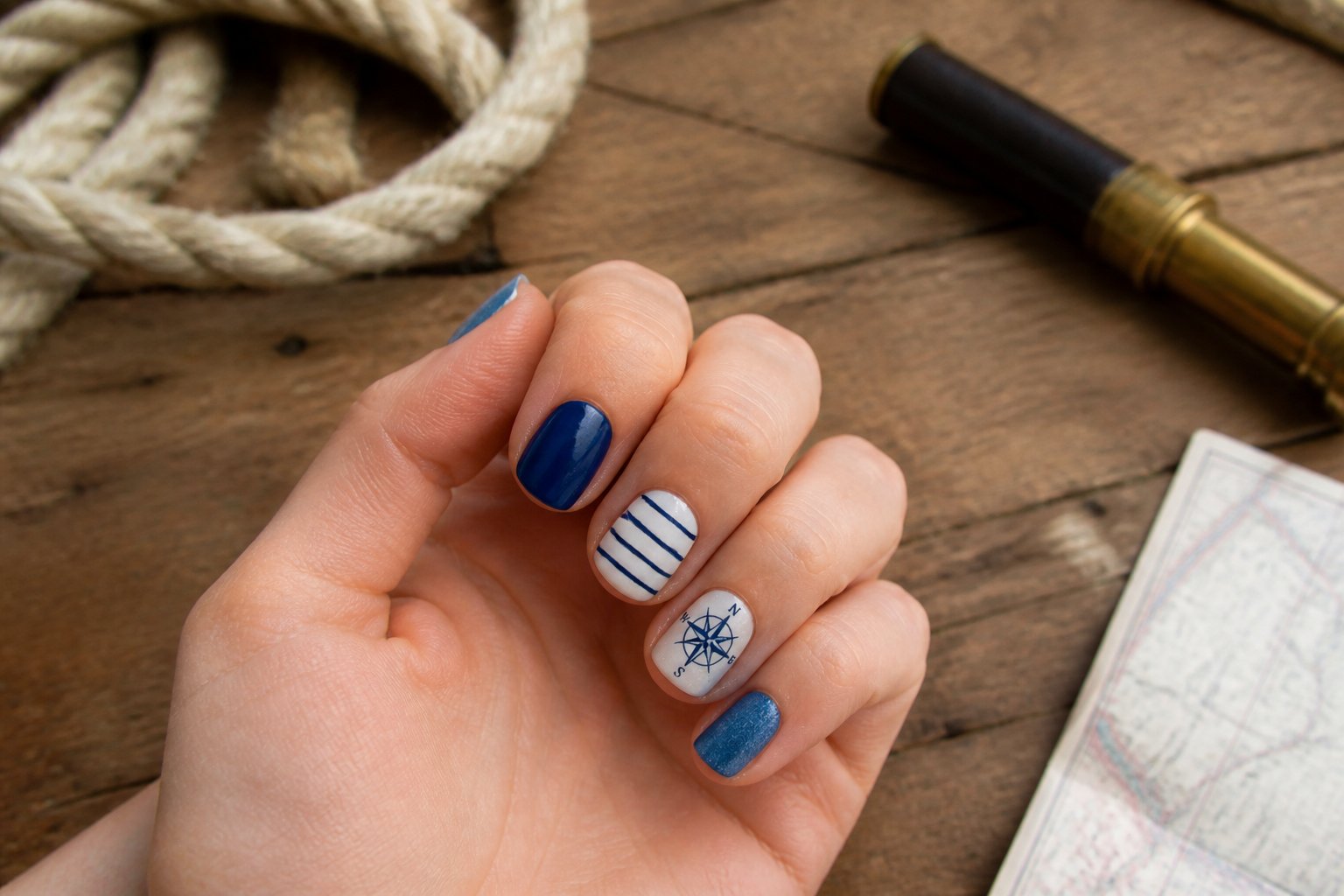 Close-up of a hand showing a tiny compass design on the ring finger nail with nautical-themed nails, resting on a wooden surface with some small nautical objects nearby.